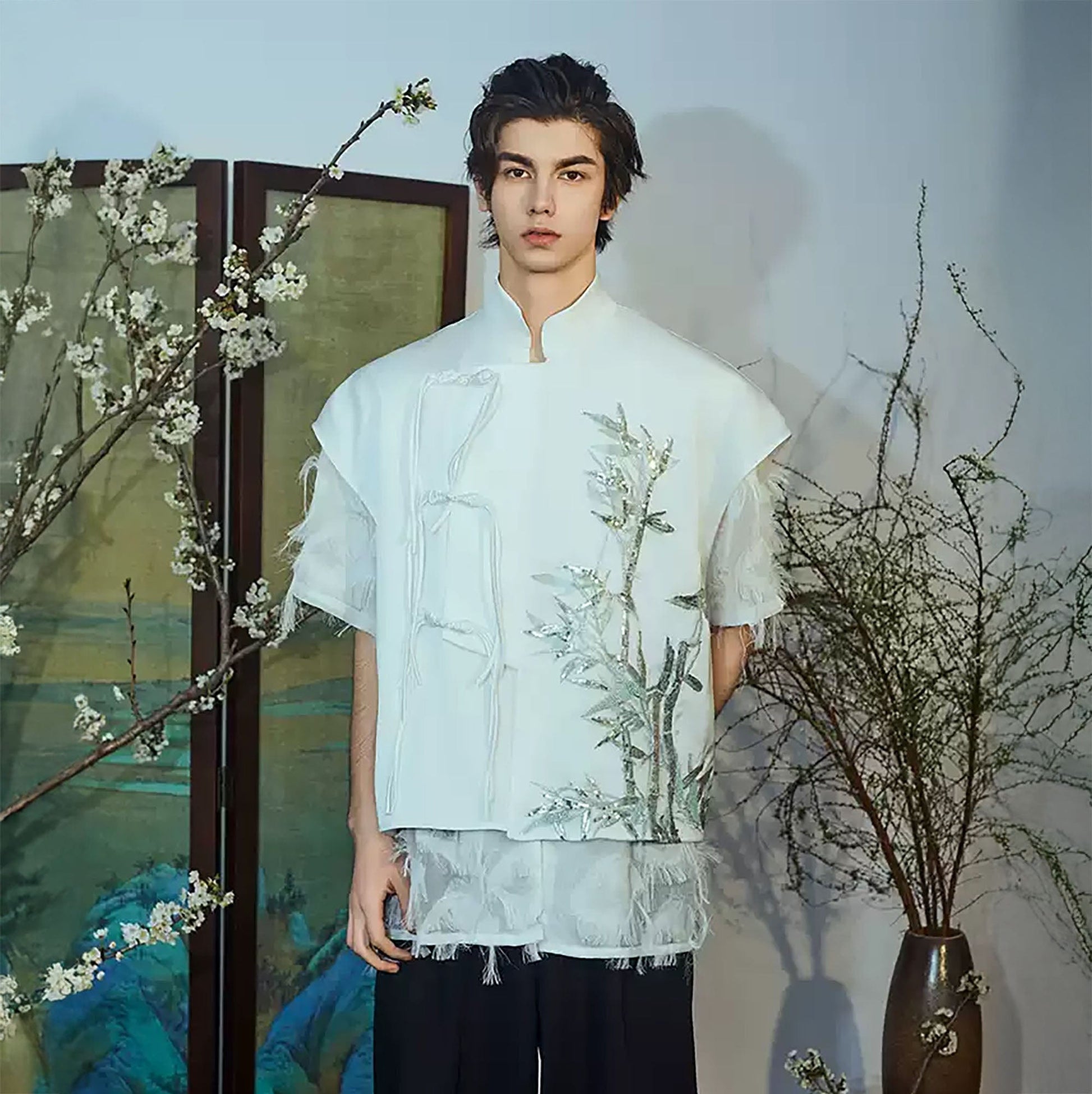 JIECHI Embroidered Bamboo Layered Mandarin Collar Half Shirt-Half shirt-M-Free Shipping Leatheretro