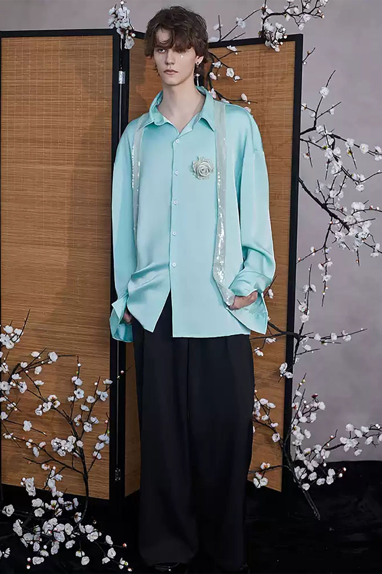 JIECHI Bloom Sequin-Draped Satin Shirt Aqua-Shirt-M-Free Shipping Leatheretro