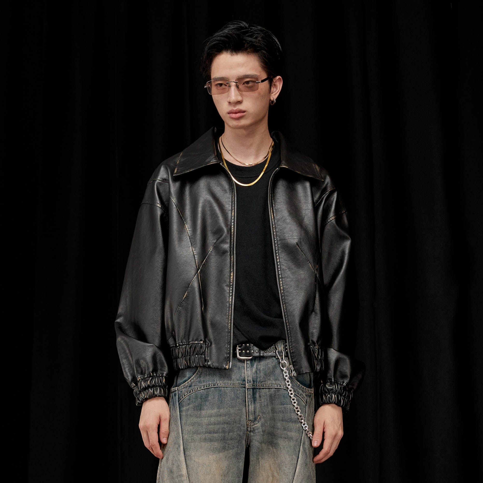 ALVNG AR ANTS Retro Distressed Spliced PU Jacket-Jacket-S-Black-Free Shipping Leatheretro