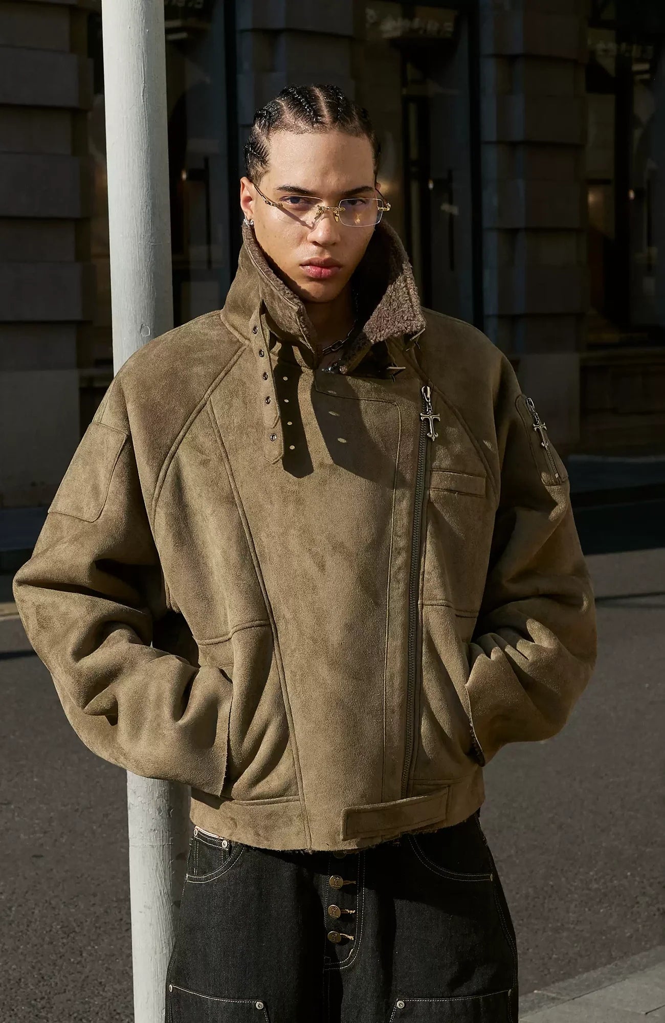 STEEPC Asym Zip Suede Shearling Jacket-Jacket-S-Khaki-Free Shipping Leatheretro