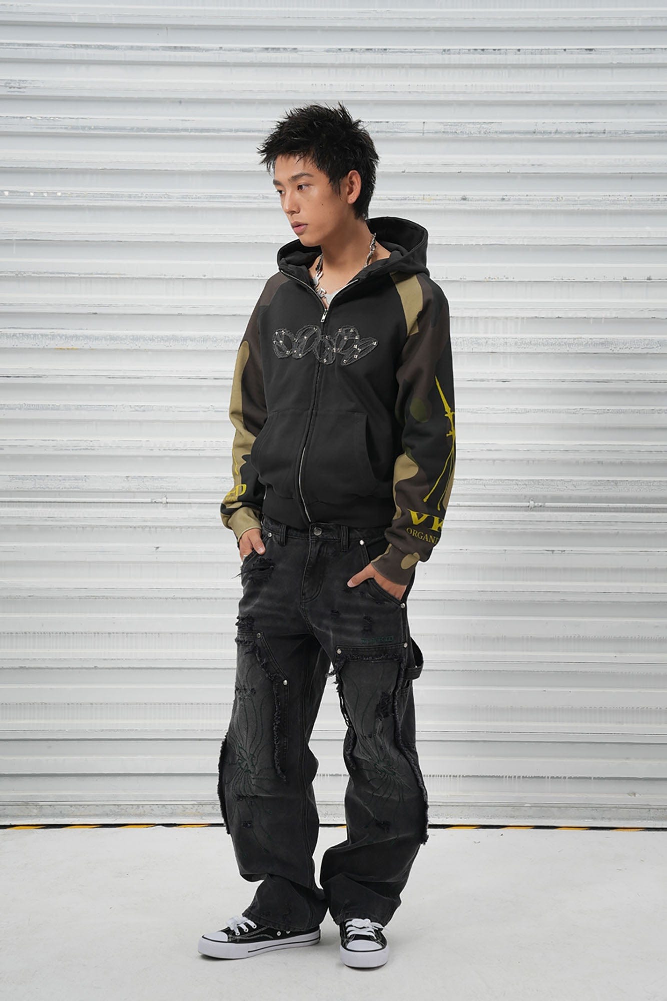 VINKID Camo Raglan Rivet Hooded Jacket-Jacket-S-Free Shipping Leatheretro