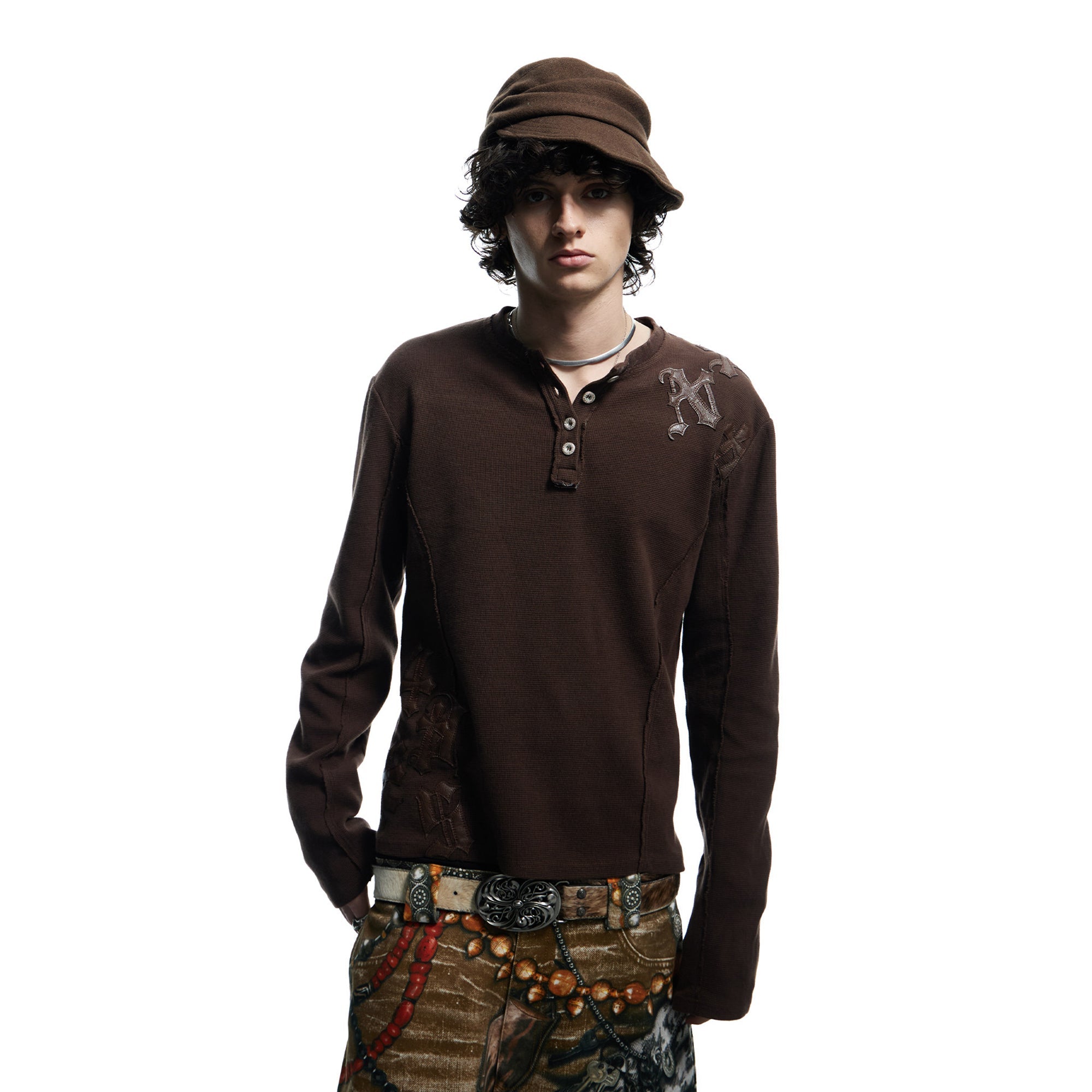 DND4DES Waffle-Knit Gothic Henley Long-Sleeve Tee-L/S Tee-S-Brown-Free Shipping Leatheretro