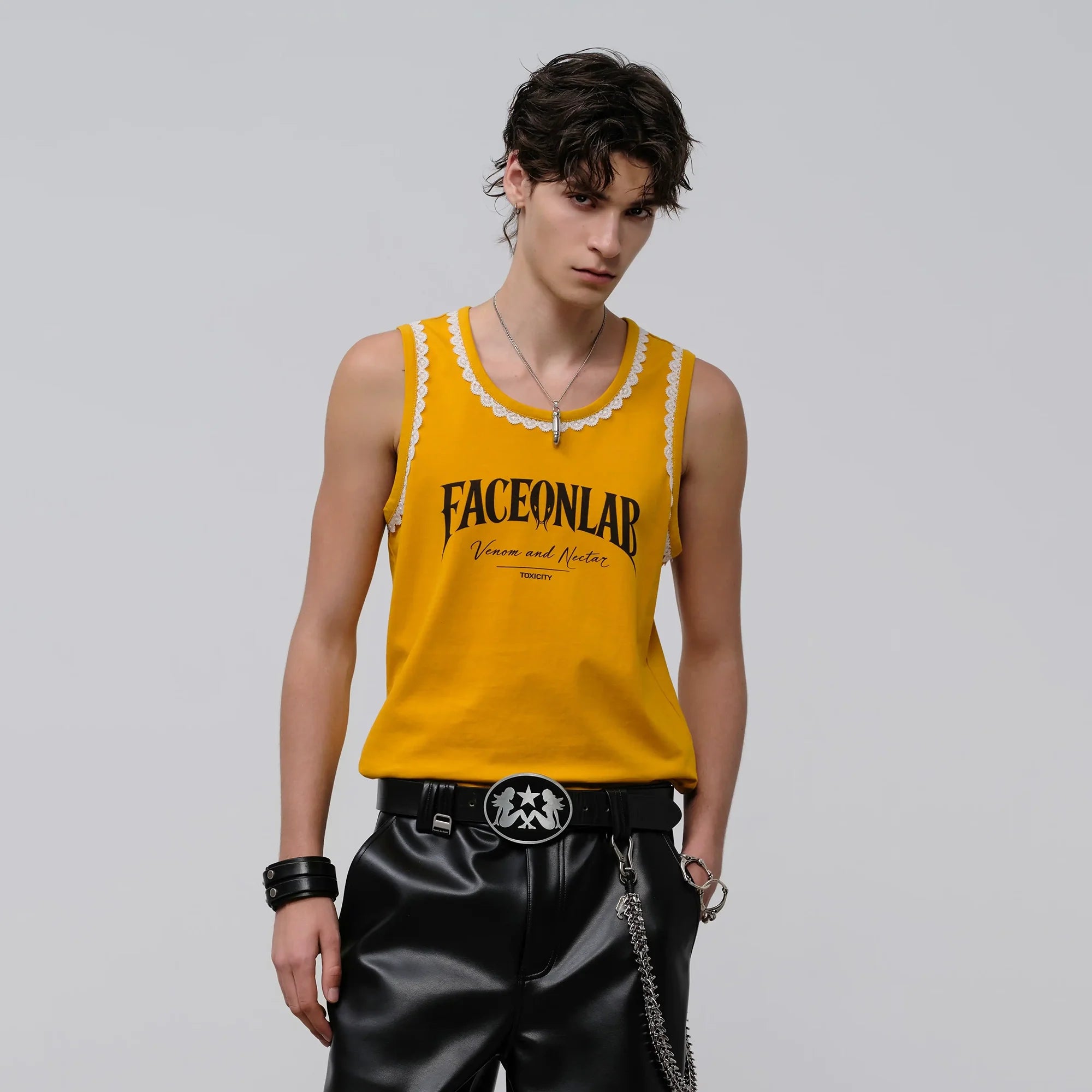 FACEONLAB Lace Trim Gothic Letters Sleeveless Tank-Tank Top-M-Yellow-Free Shipping Leatheretro