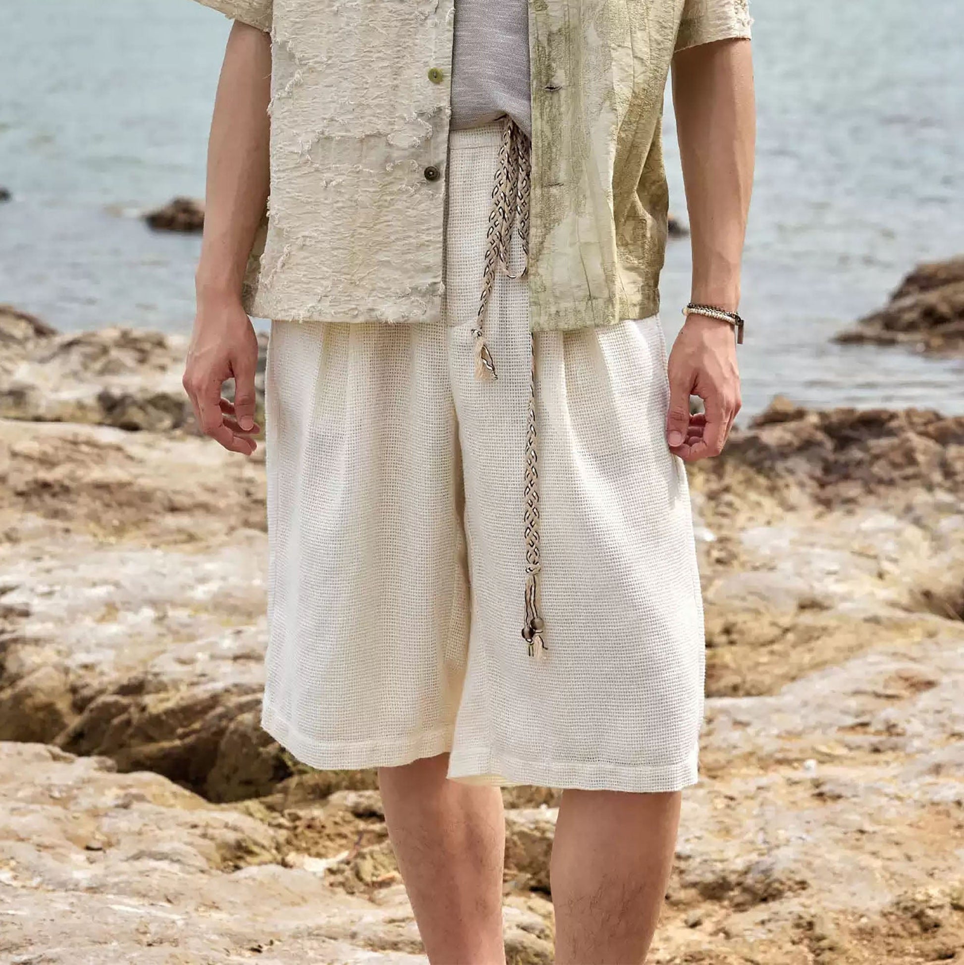 ALVNG AR ANTS Textured Mesh Pleated Braided Tassel Belt Shorts-Pants-S-Apricot-Free Shipping Leatheretro