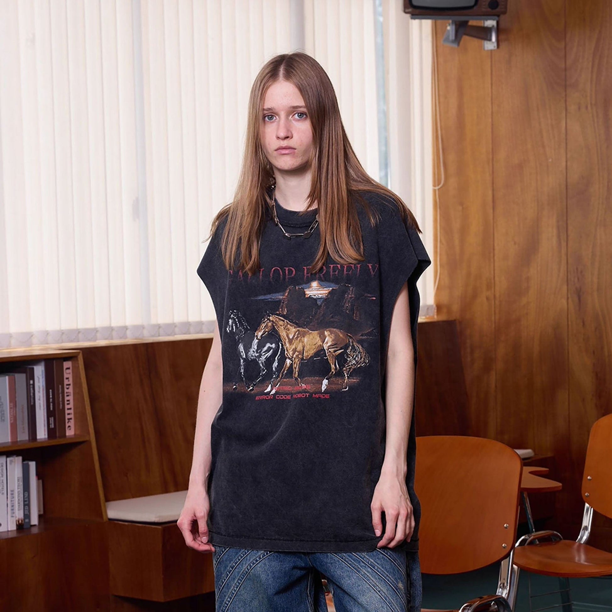 ERROR CODE ROBOT Distressed Animal-Print Sleeveless Tee-T Shirt-S-Free Shipping Leatheretro