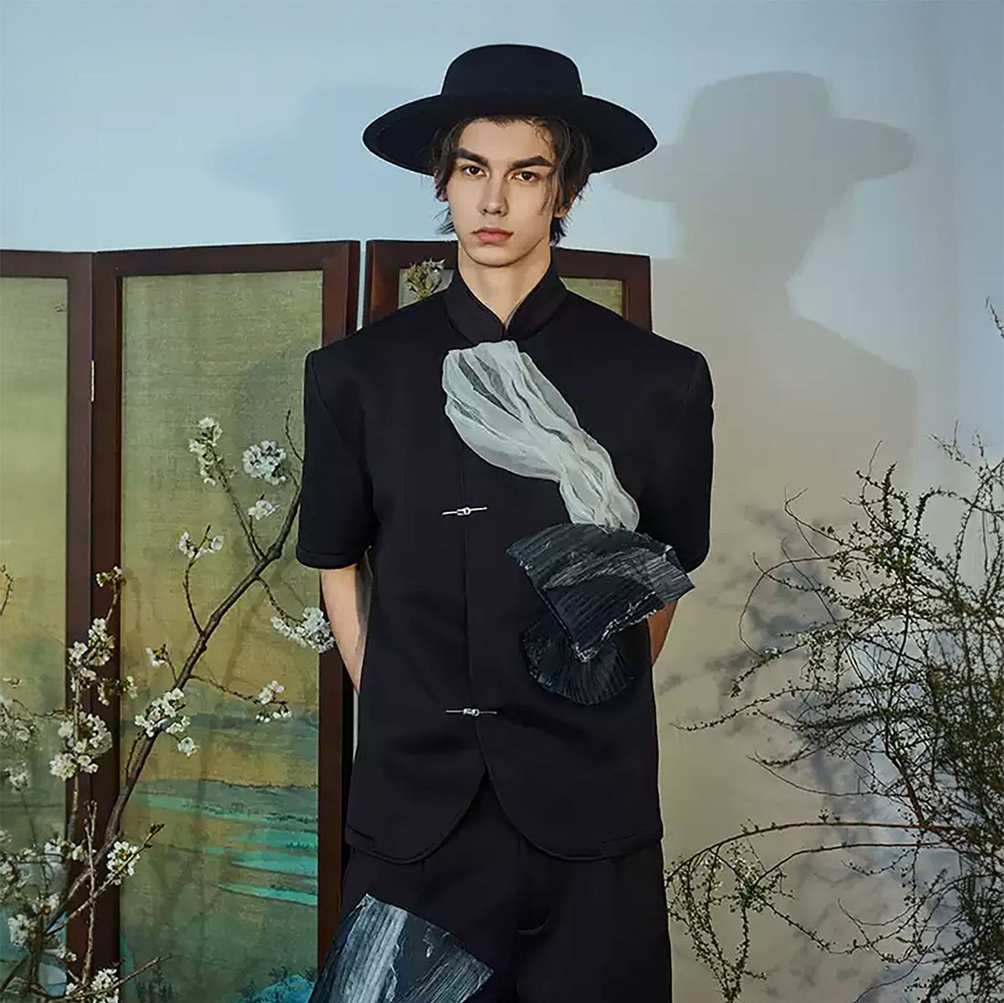 JIECHI Crinkled Tulle Layered Mandarin Collar Half Shirt-Shirt-M-Free Shipping Leatheretro