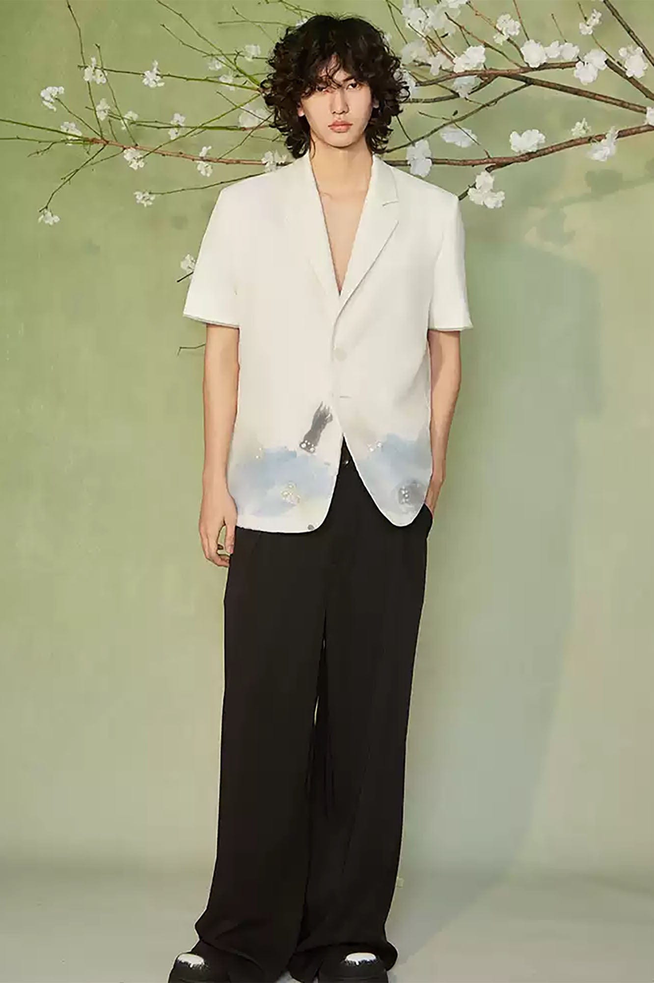 JIECHI Water-Ink Koi Embroidered Sheer Overlay Half Blazer-Half shirt-M-Free Shipping Leatheretro