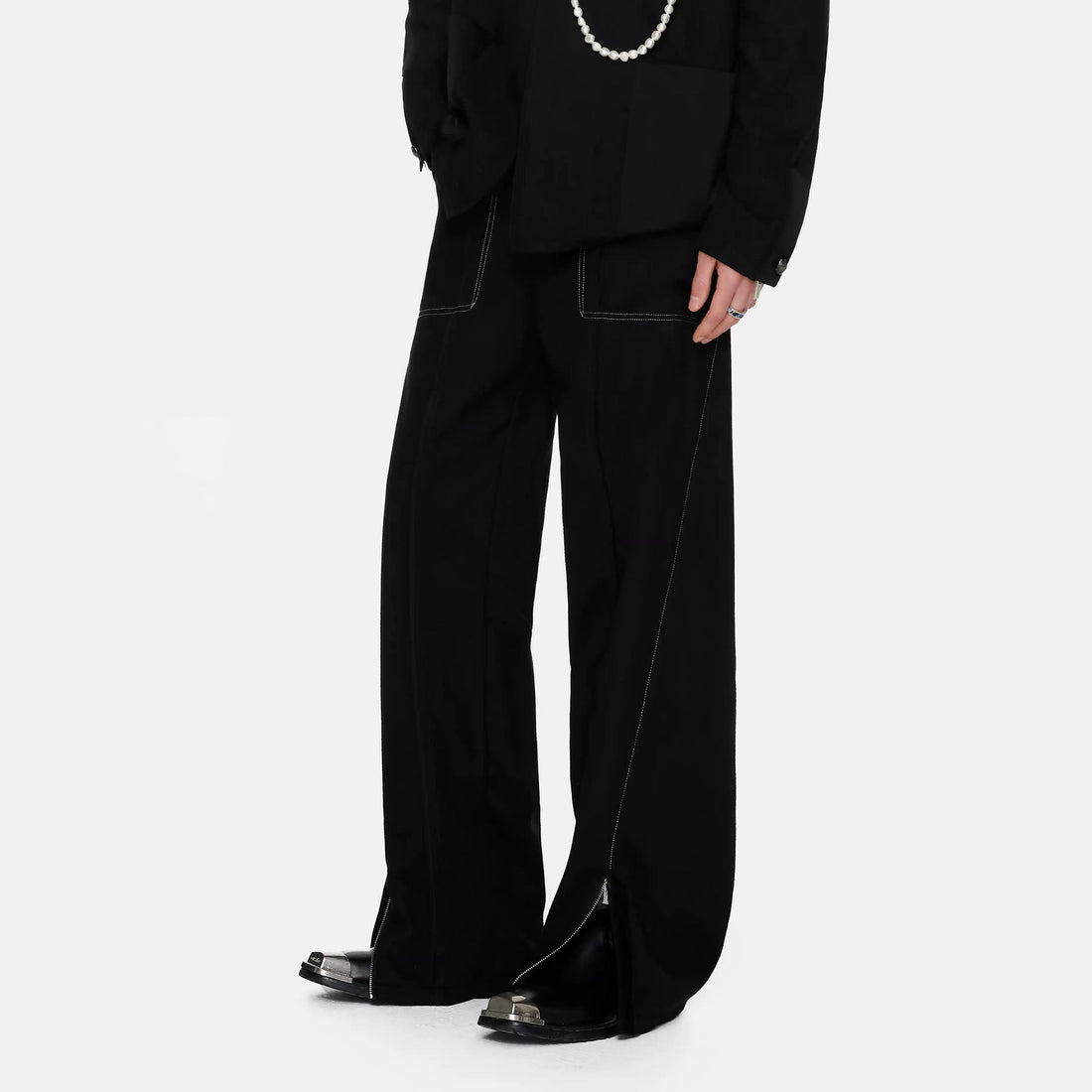 TIWILLTANG Paneled Zipper-Hem Wide-Leg Pants Black-Pants-S (Preorder)-Free Shipping Leatheretro