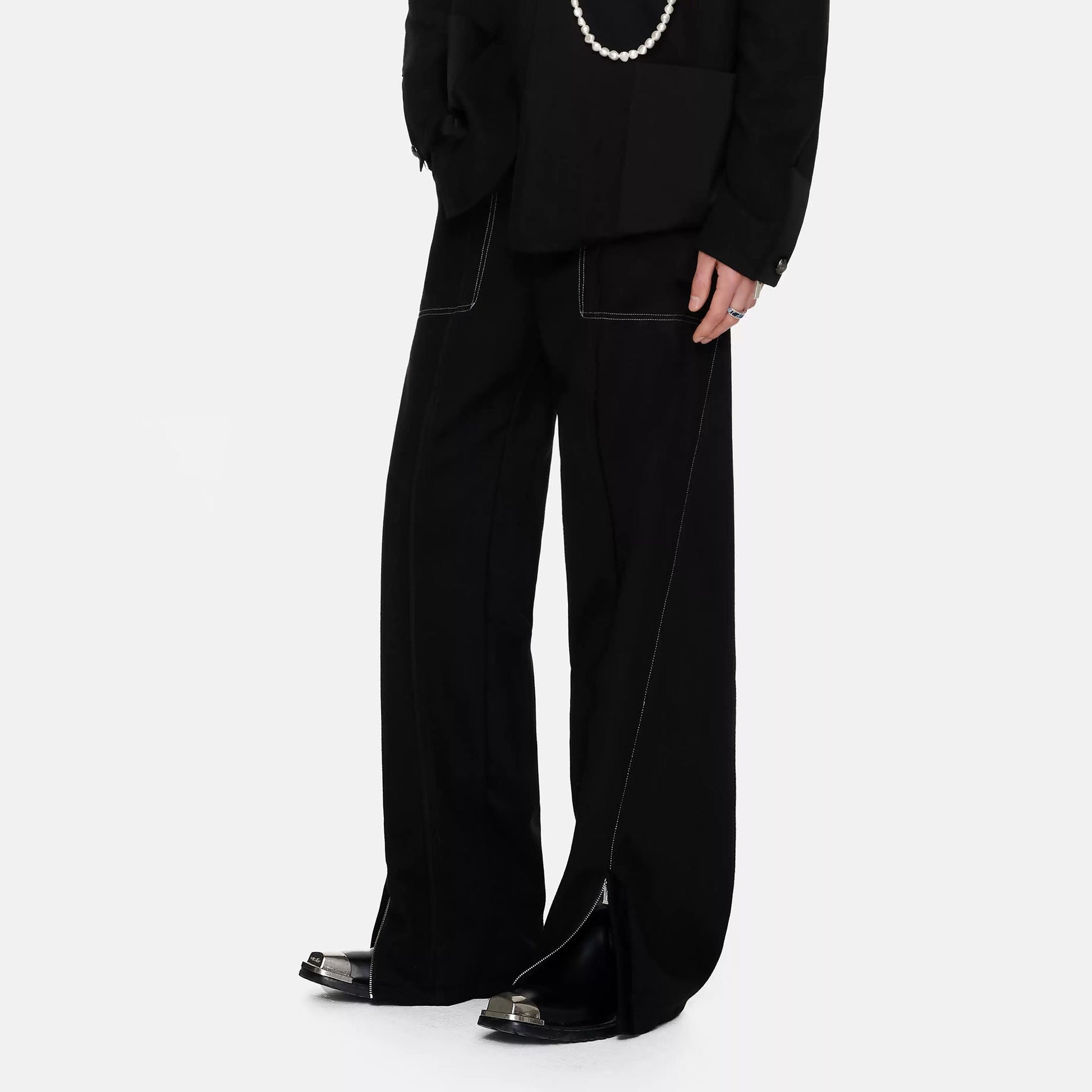 TIWILLTANG Paneled Zipper-Hem Wide-Leg Pants Black-Pants-S (Preorder)-Free Shipping Leatheretro