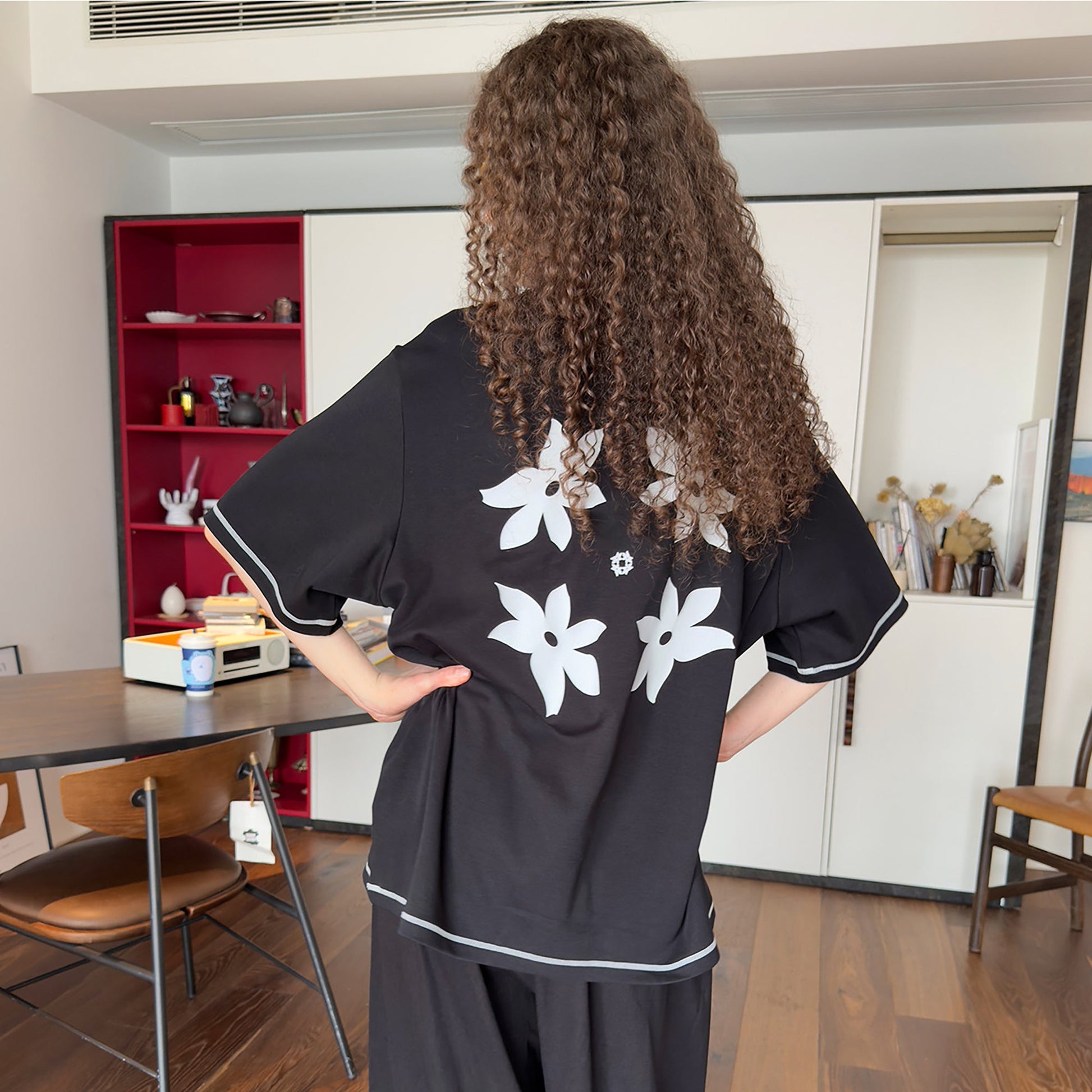 MIICHOUS Contrast Piping Floral Graphic T-Shirt-T Shirt-S-Black-Free Shipping Leatheretro
