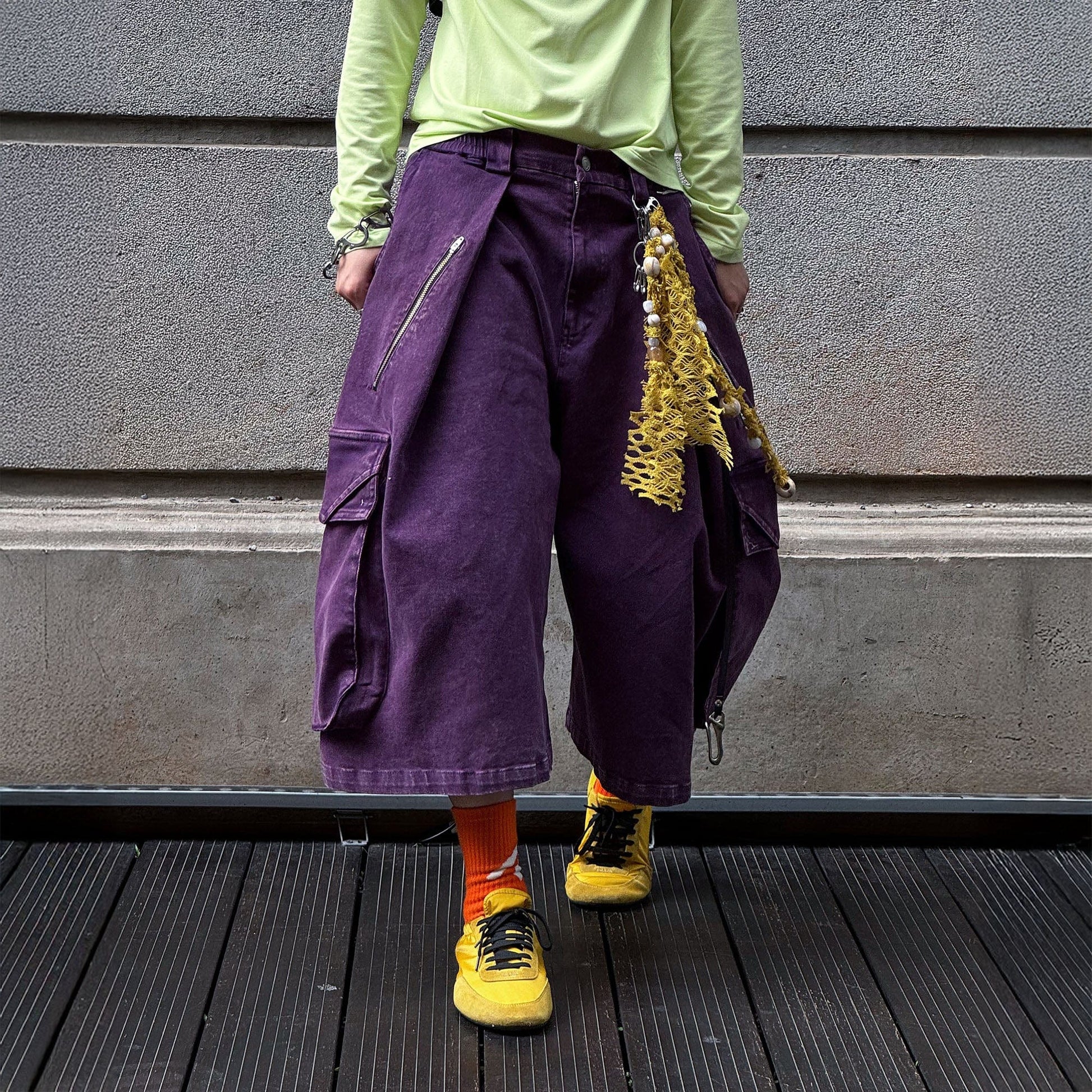 RELABEL Detachable Scarf Washed Multi-Pocket Wide-Leg Shorts Purple-Shorts-XS-Free Shipping Leatheretro