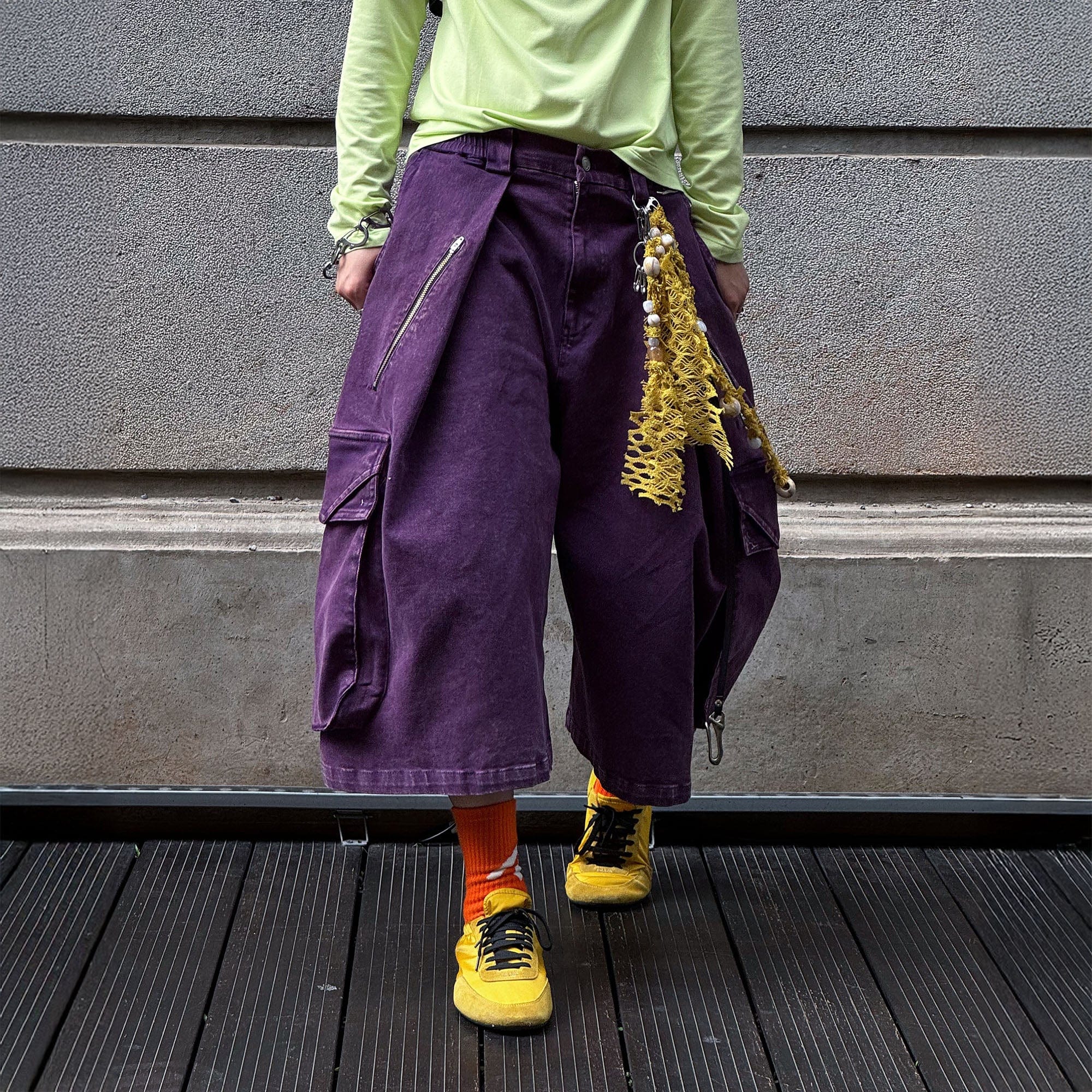 RELABEL Detachable Scarf Washed Multi-Pocket Wide-Leg Shorts Purple-Shorts-XS-Free Shipping Leatheretro