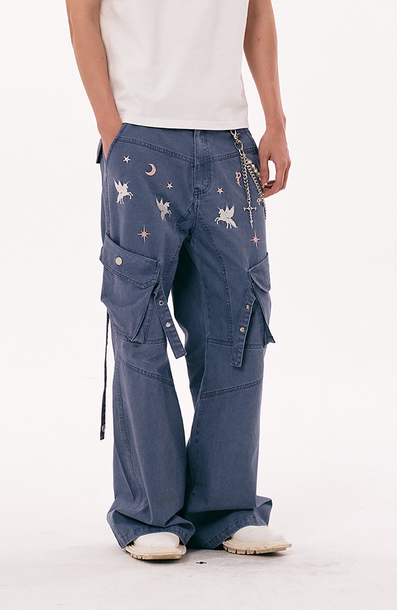PASET Unicorn Embroidered Cargo Pants-Pants-S / 28"-Free Shipping Leatheretro