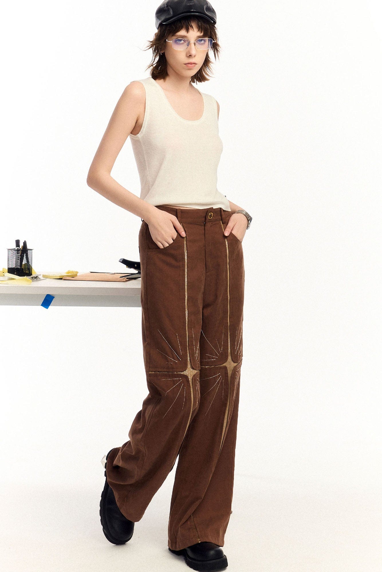 OIPWORD Middle Radiant Star Panel Wide-Leg Pants-Pants-S-Khaki-Free Shipping Leatheretro