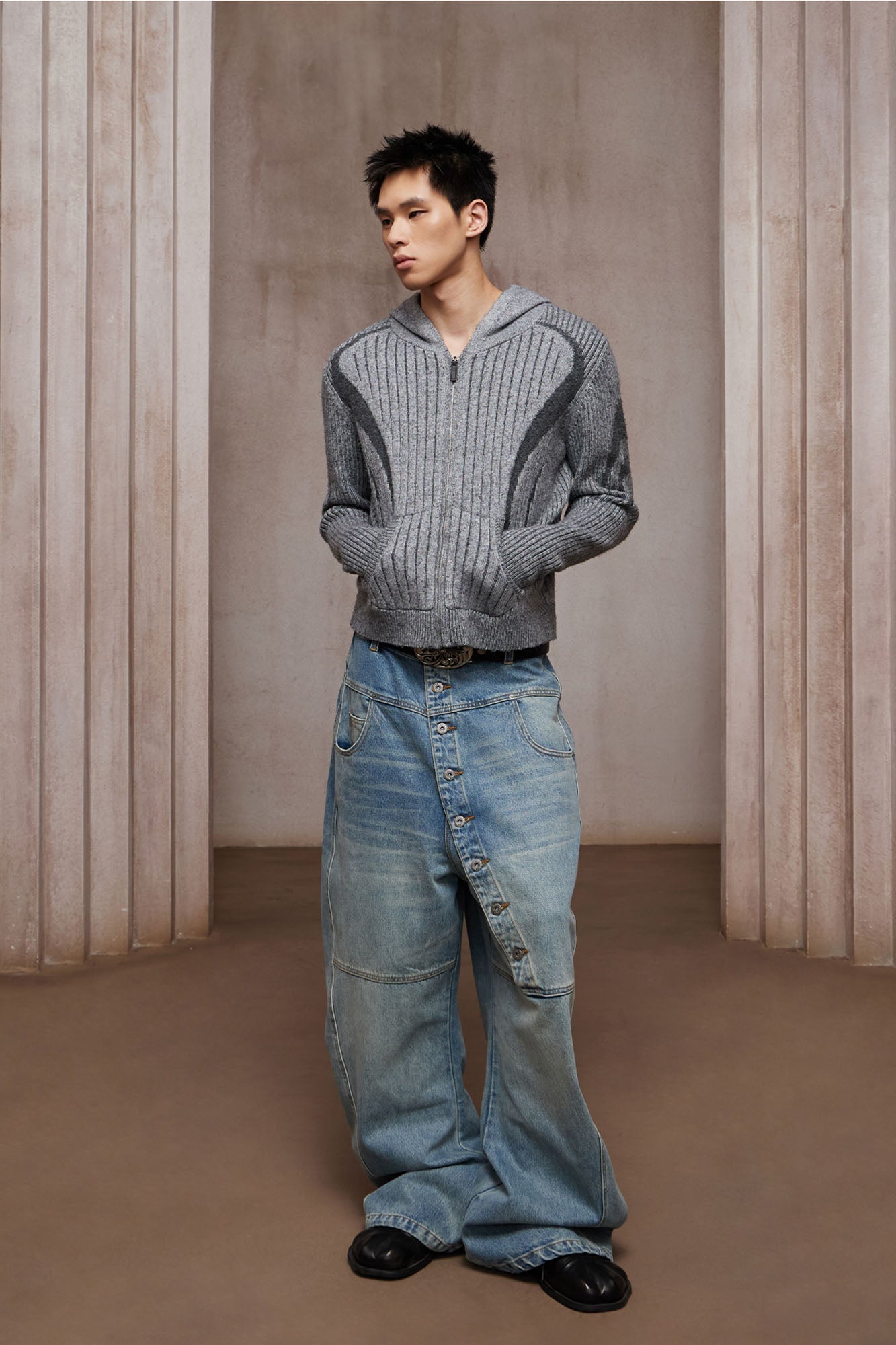 DND4DES Contrast Wool-Blend Hooded Zip Cardigan-Jacket-S-Gray (Preorder)-Free Shipping Leatheretro