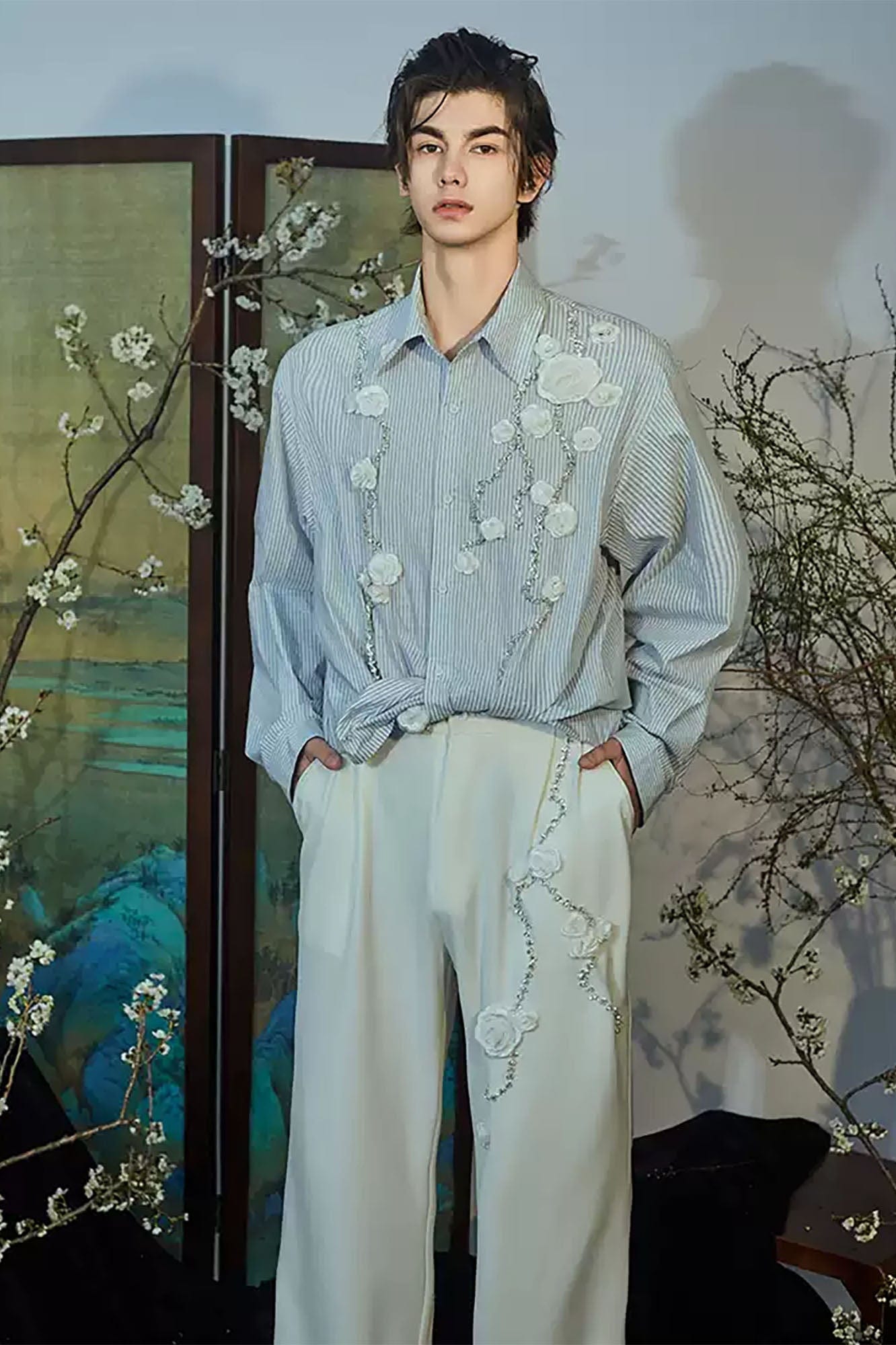 JIECHI Vine Rose Embroidered Striped Shirt-Shirt-M-Free Shipping Leatheretro