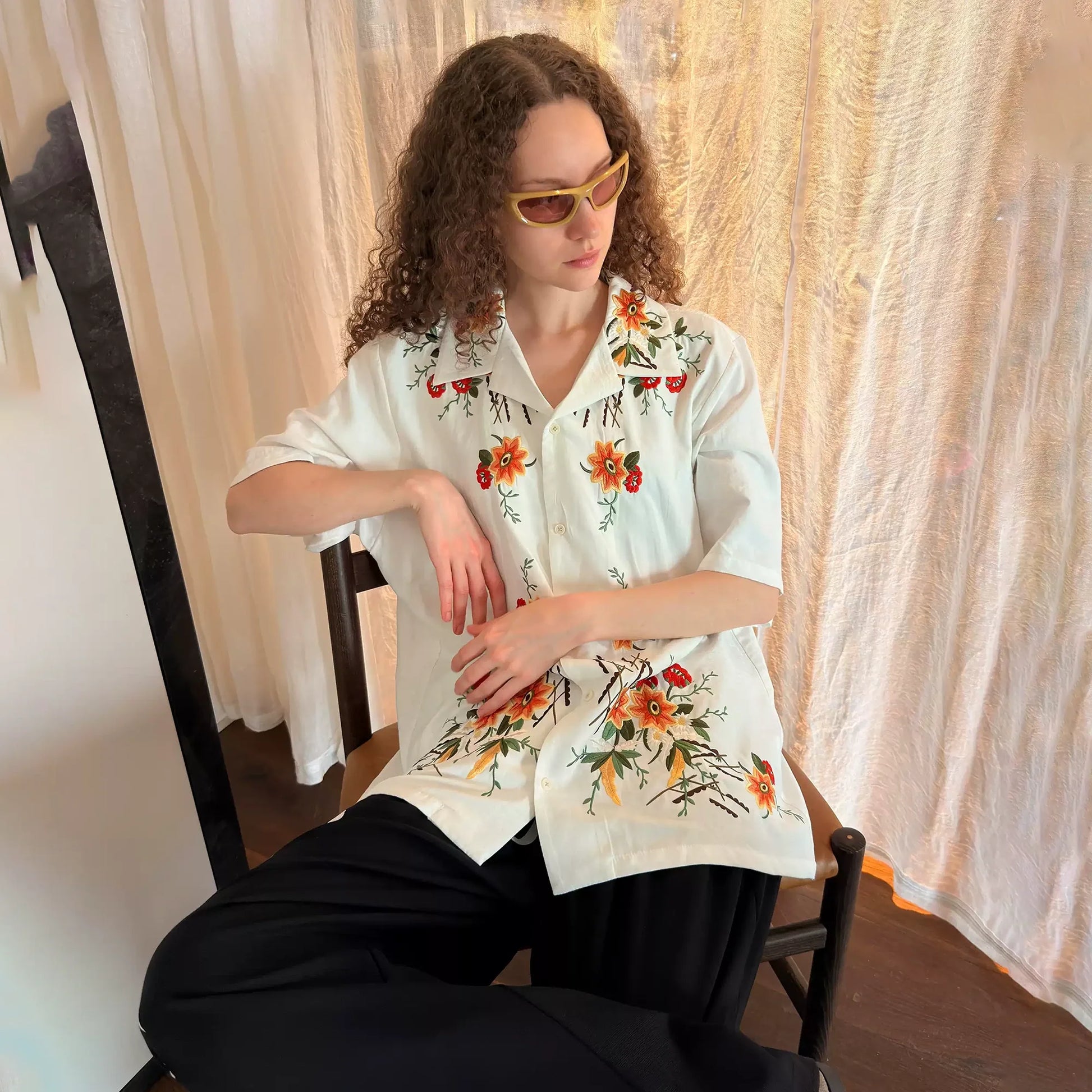 MIICHOUS Botanical Embroidered Half Shirt-Half shirt-S-Free Shipping Leatheretro