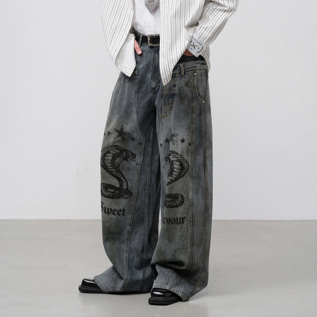 FACEONLAB Double Waistband Diamond Snake Graphic Jeans-Jeans-S (Preorder)-Free Shipping Leatheretro