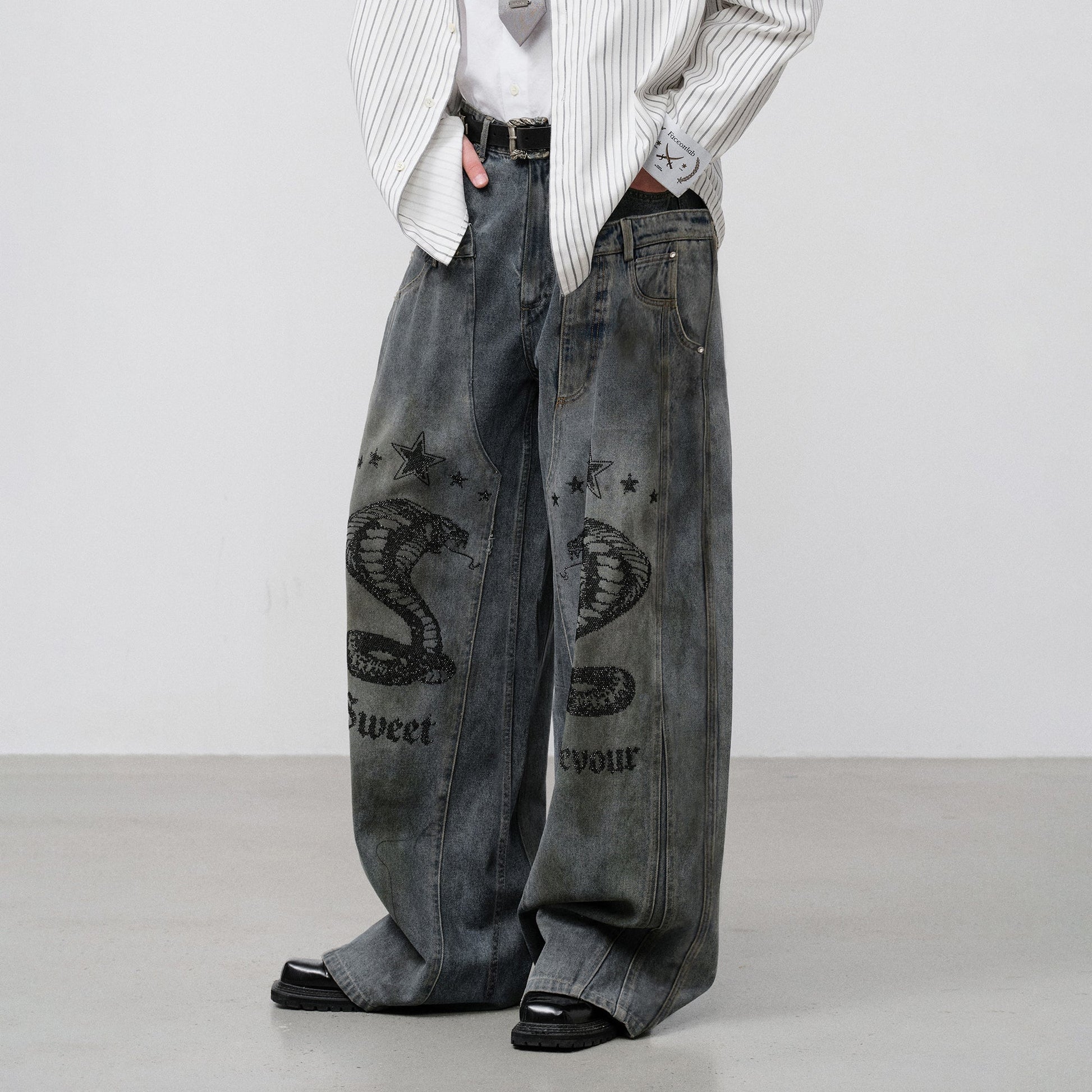 FACEONLAB Double Waistband Diamond Snake Graphic Jeans-Jeans-S (Preorder)-Free Shipping Leatheretro