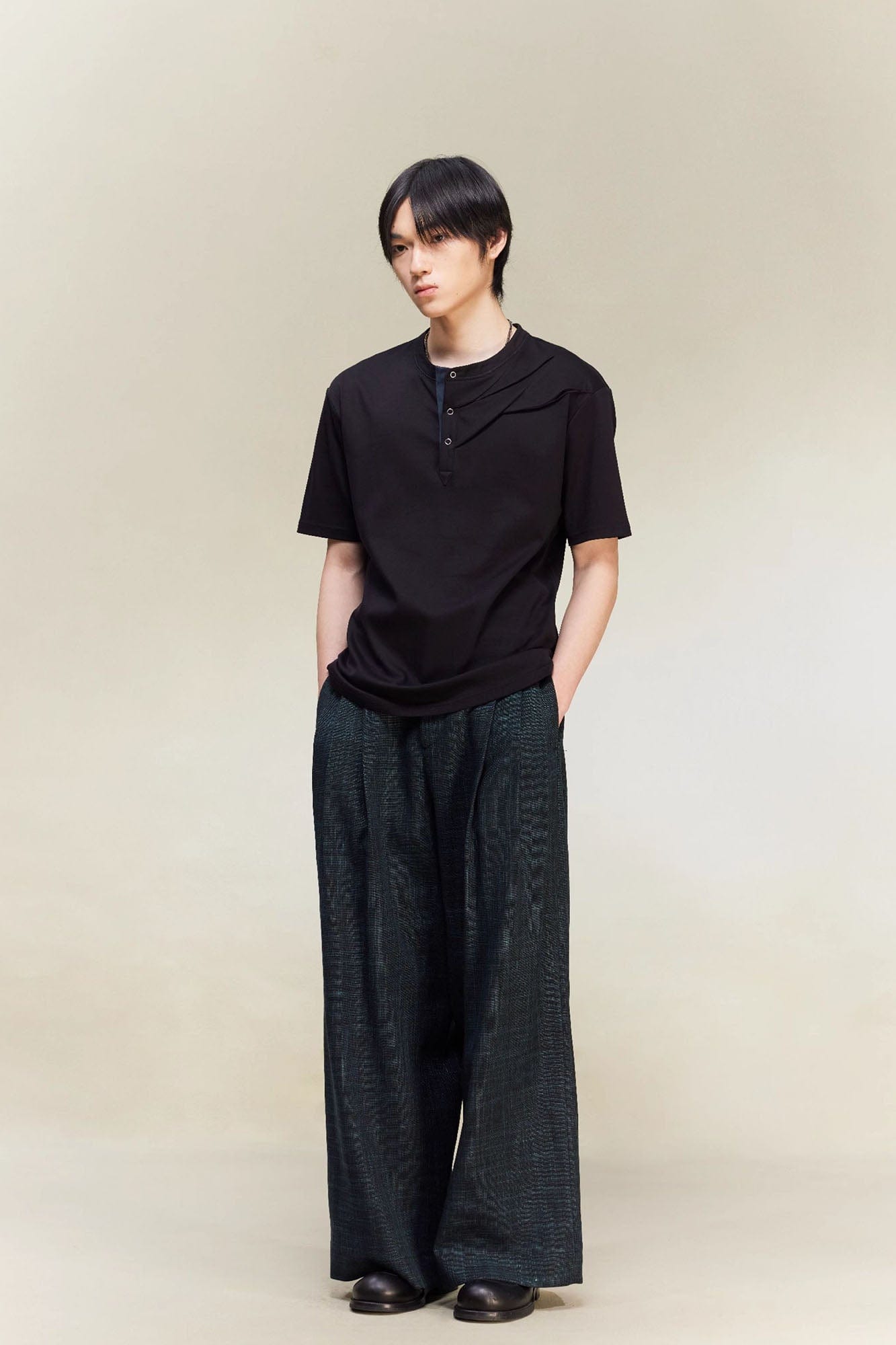 ALVNG AR ANTS Slash Pleated Shoulder Spliced Henley T-Shirt-T Shirt-S-Khaki-Free Shipping Leatheretro