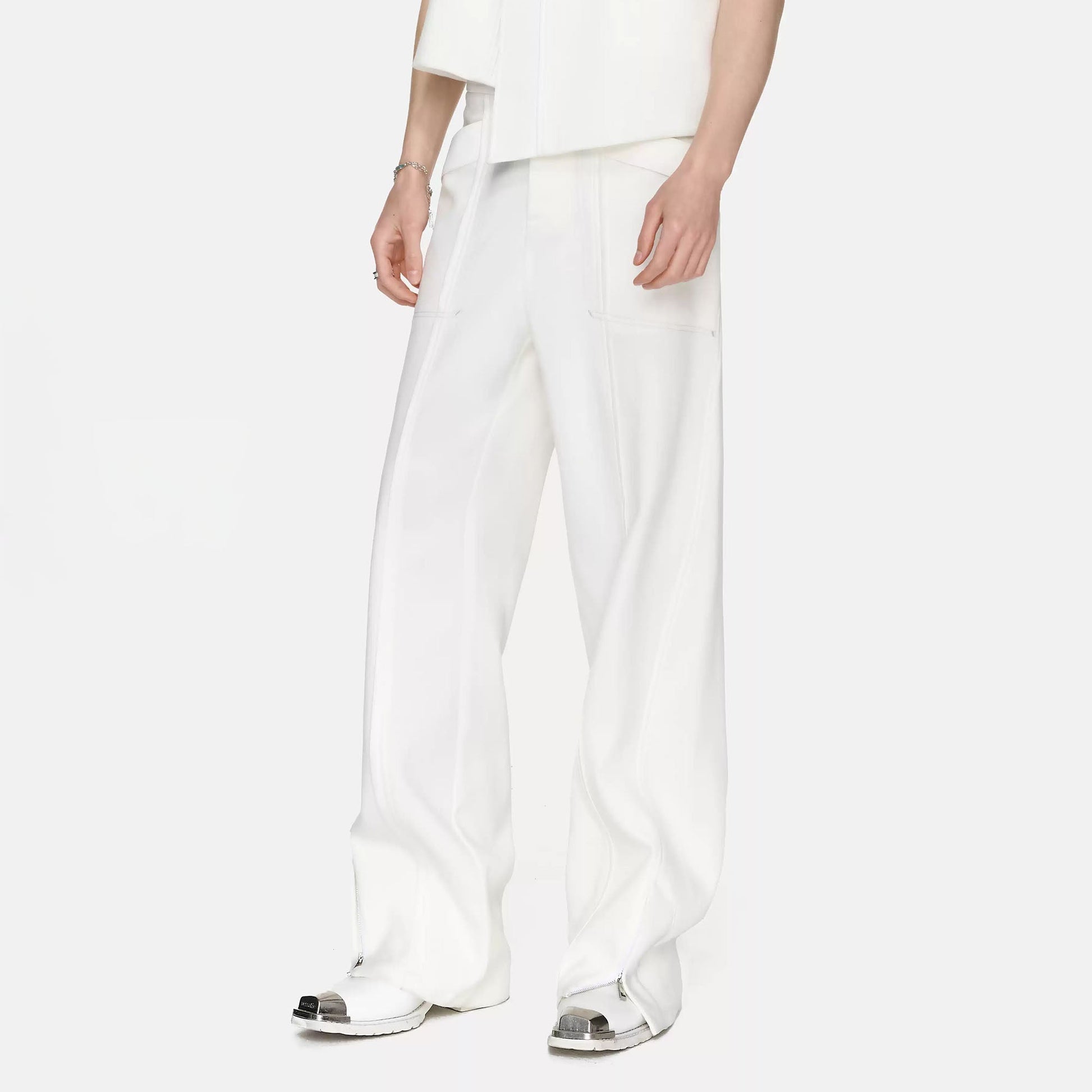 TIWILLTANG Paneled Zipper-Hem Wide-Leg Pants White-Pants-S (Preorder)-Free Shipping Leatheretro