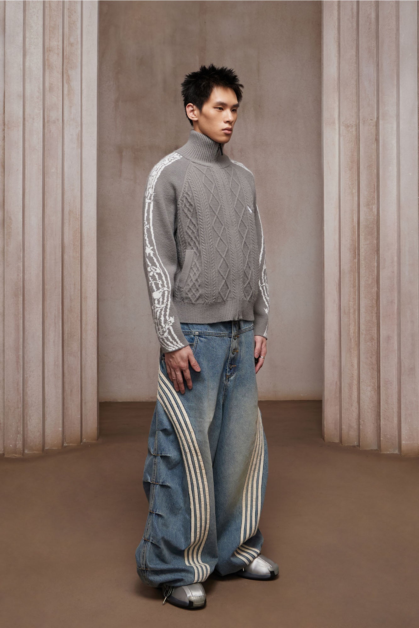 DND4DES Cable-Knit Music Stripes Zip Cardigan-Jacket-S (Preorder)-Gray-Free Shipping Leatheretro