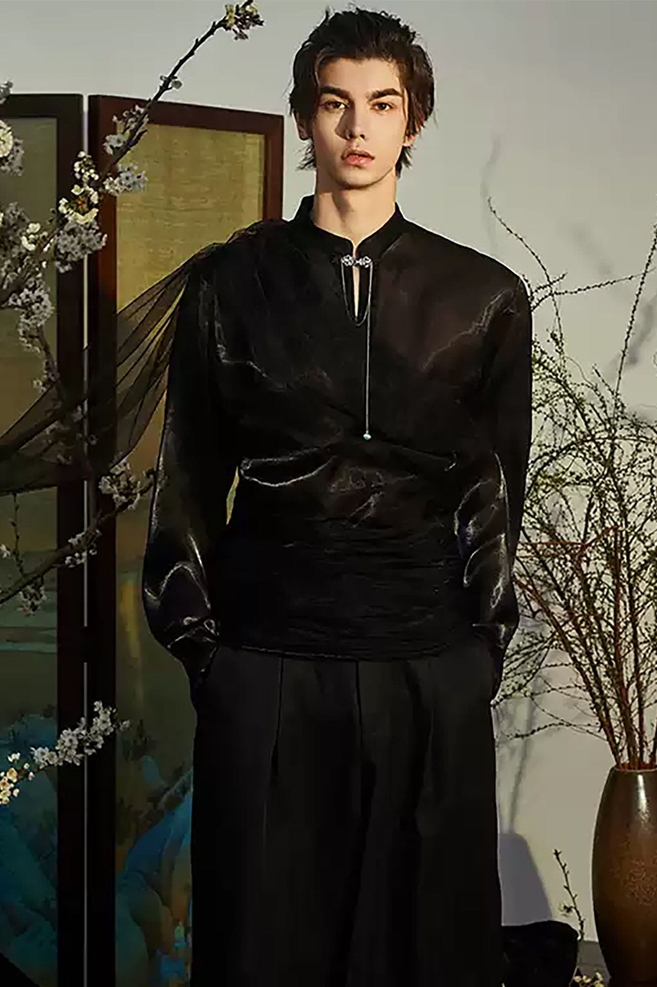 JIECHI Draped Sheer Brooch Organza Shirt-Shirt-M-Free Shipping Leatheretro