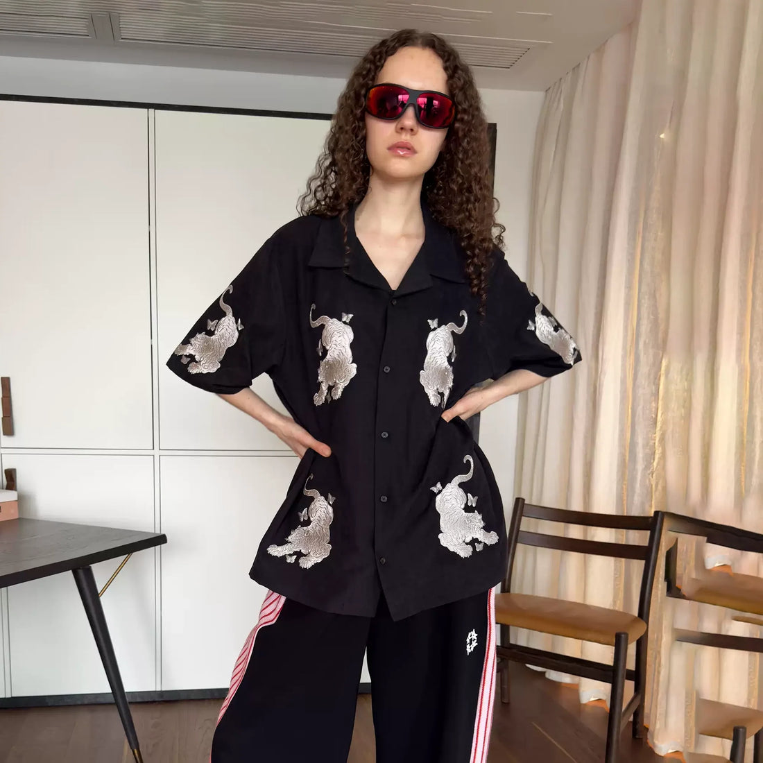 MIICHOUS Tiger Butterfly Satin Embroidered Half Shirt-Half shirt-S (Preorder)-Black-Free Shipping Leatheretro