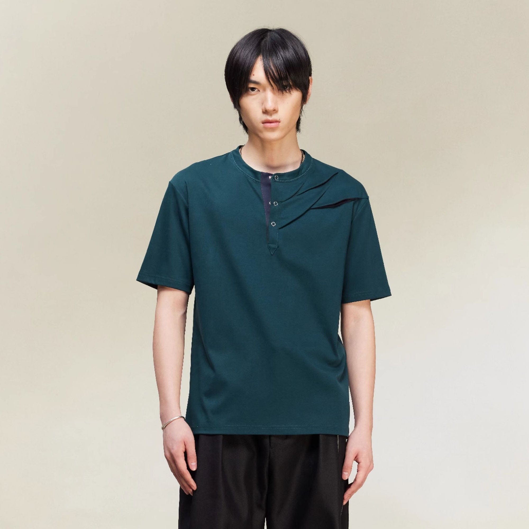 ALVNG AR ANTS Slash Pleated Shoulder Spliced Henley T-Shirt-T Shirt-S-Dark Green-Free Shipping Leatheretro