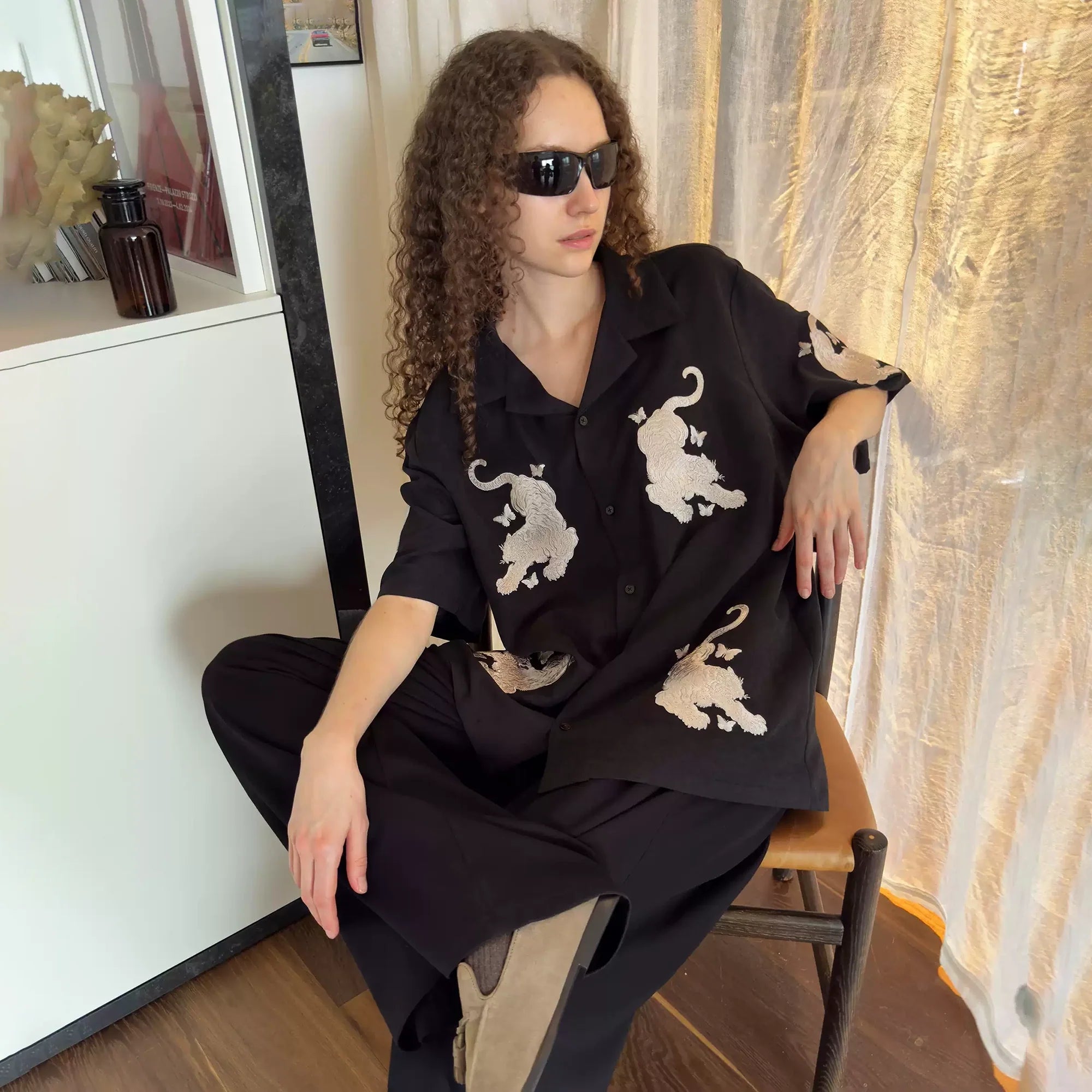 MIICHOUS Tiger Butterfly Satin Embroidered Half Shirt-Half shirt-S (Preorder)-Gray-Free Shipping Leatheretro