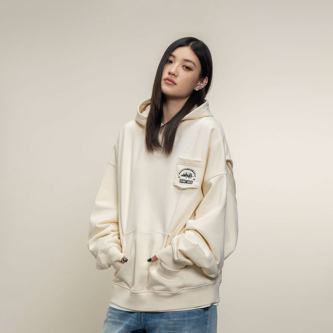 MAKEMORE Faux-Layer Embroidered Pocket Hoodie-Hoodie-S-Beige-Free Shipping Leatheretro