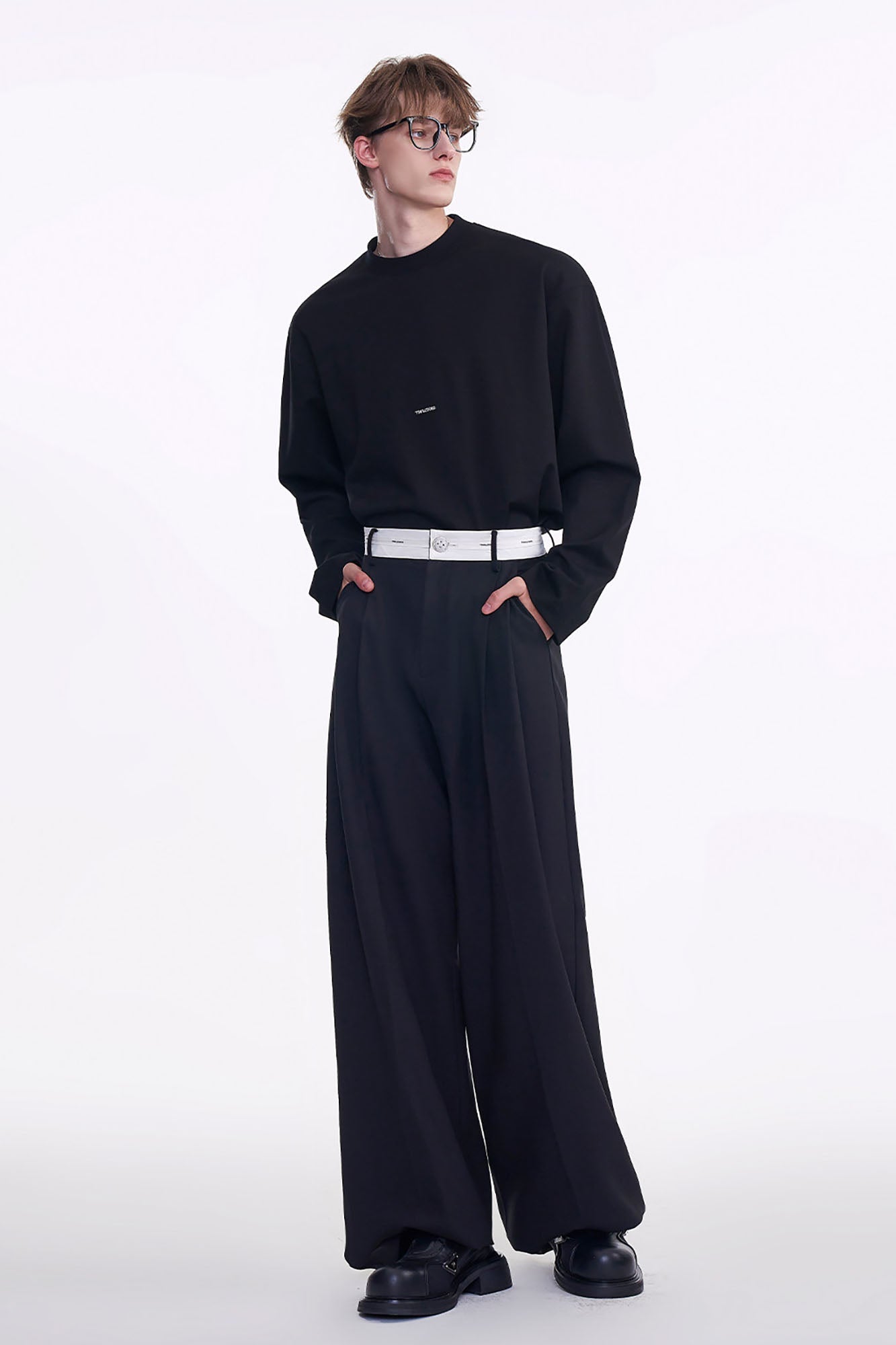 TIWILLTANG Contrast Panel Pleated Straight-Leg Pants-Pants-S-Black-Free Shipping Leatheretro