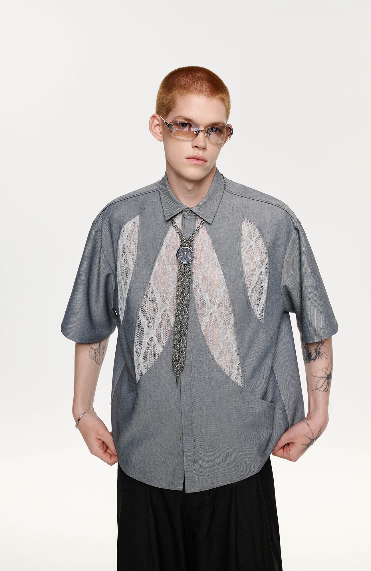 TIWILLTANG Leaf Lace Paneled Half Shirt-Half shirt-S-Free Shipping Leatheretro