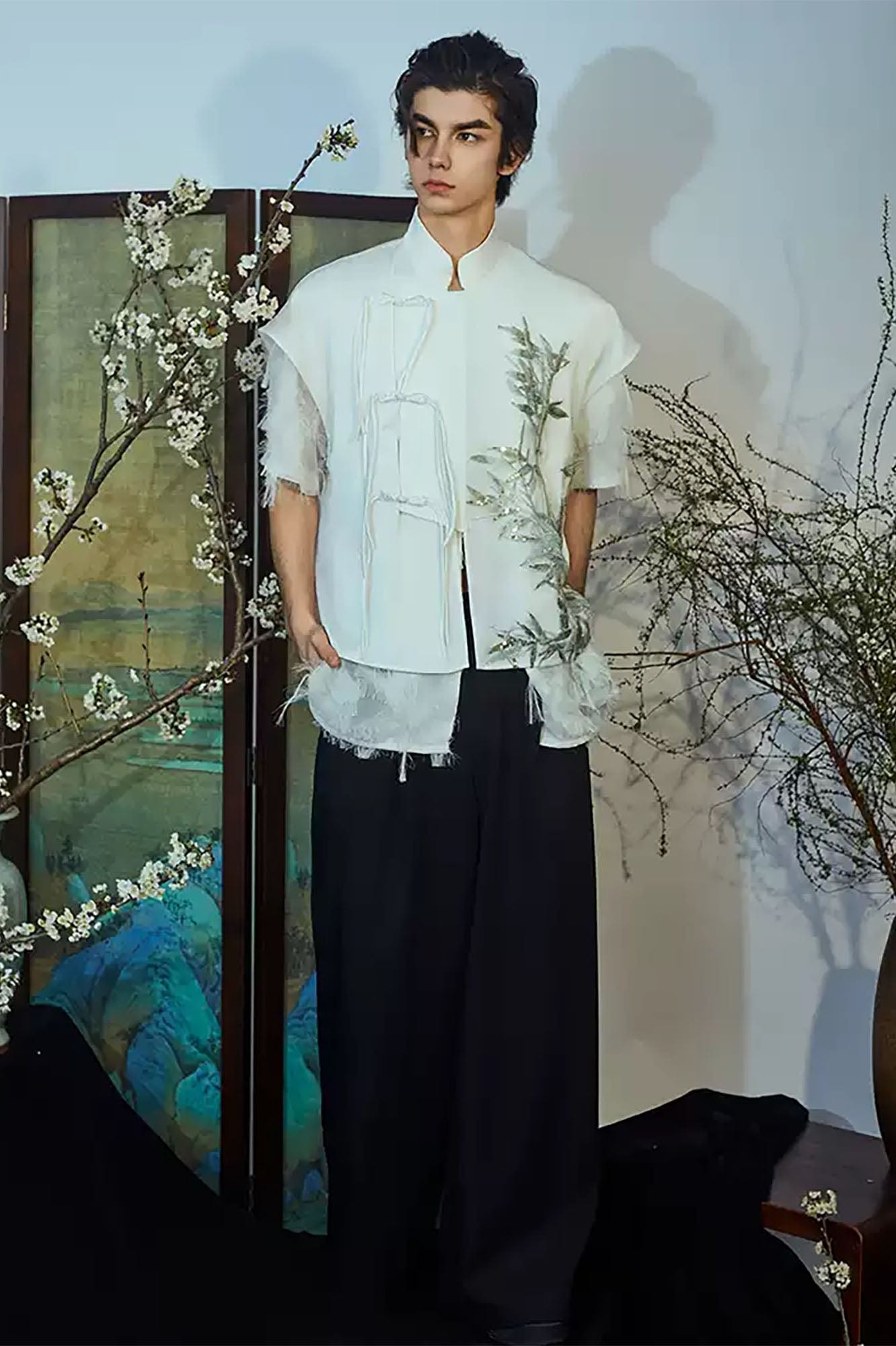 JIECHI Embroidered Bamboo Layered Mandarin Collar Half Shirt-Half shirt-M-Free Shipping Leatheretro