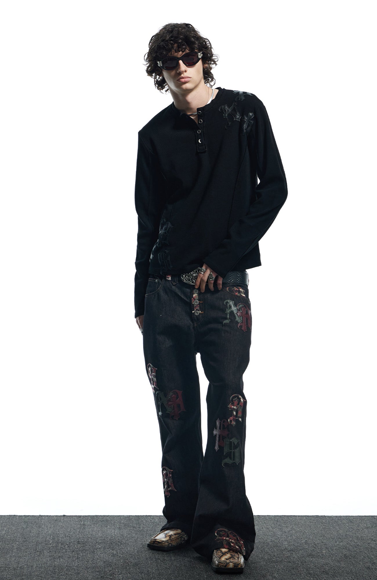 DND4DES Waffle-Knit Gothic Henley Long-Sleeve Tee-L/S Tee-S-Black-Free Shipping Leatheretro