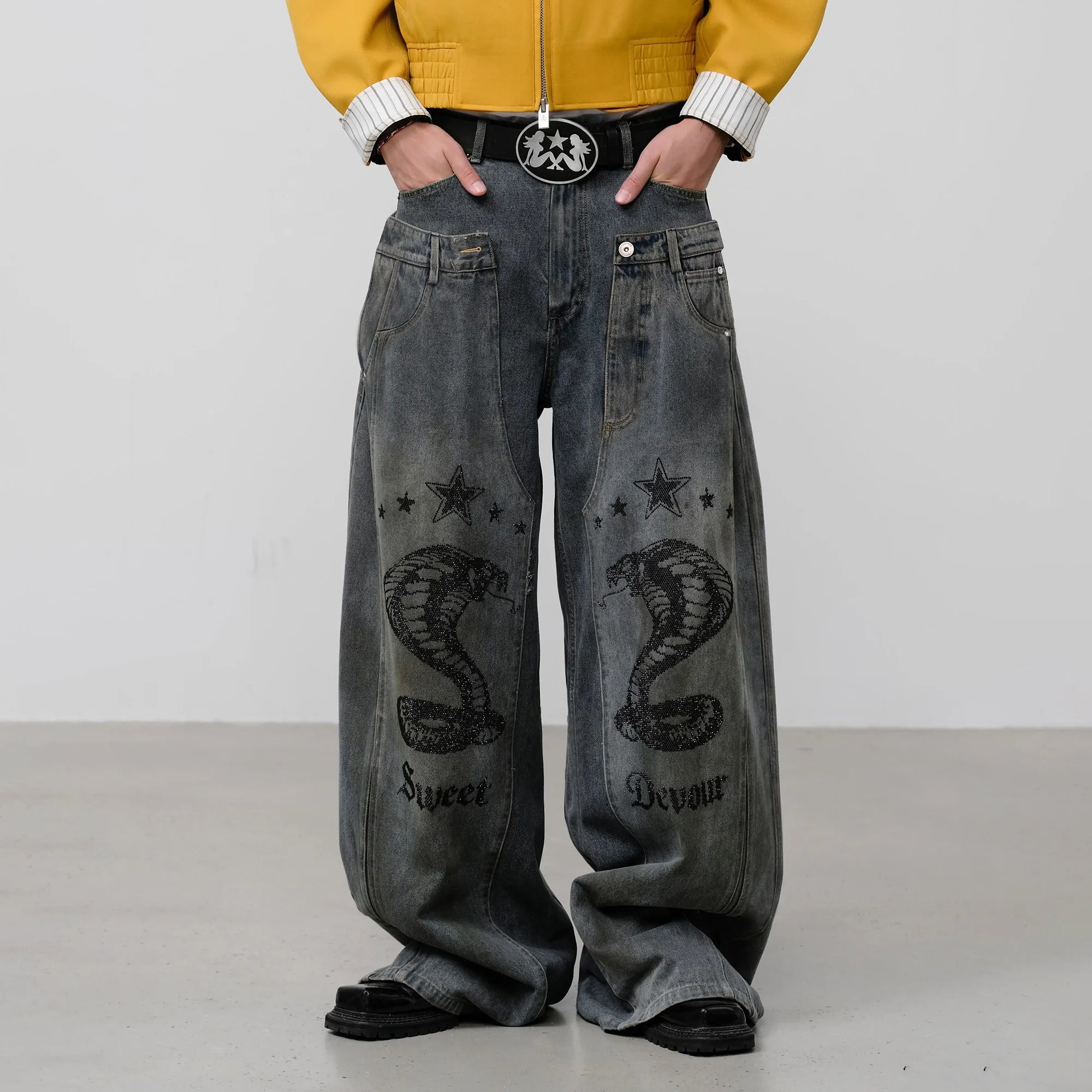FACEONLAB Double Waistband Diamond Snake Graphic Jeans-Jeans-S (Preorder)-Free Shipping Leatheretro