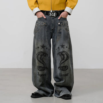 FACEONLAB Double Waistband Diamond Snake Graphic Jeans-Jeans-S (Preorder)-Free Shipping Leatheretro
