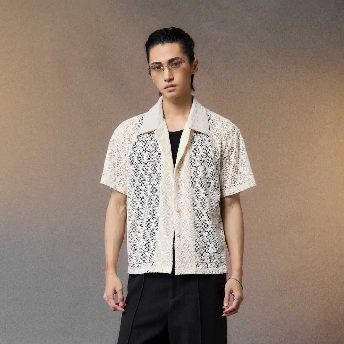 ALVNG AR ANTS Open-Knit Diamond Panel Short-Sleeve Shirt-Shirt-S-Black-Free Shipping Leatheretro