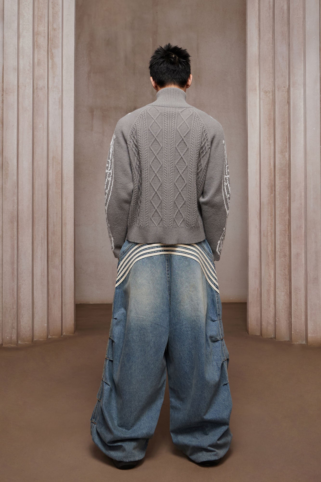 DND4DES Cable-Knit Music Stripes Zip Cardigan-Jacket-S (Preorder)-Gray-Free Shipping Leatheretro