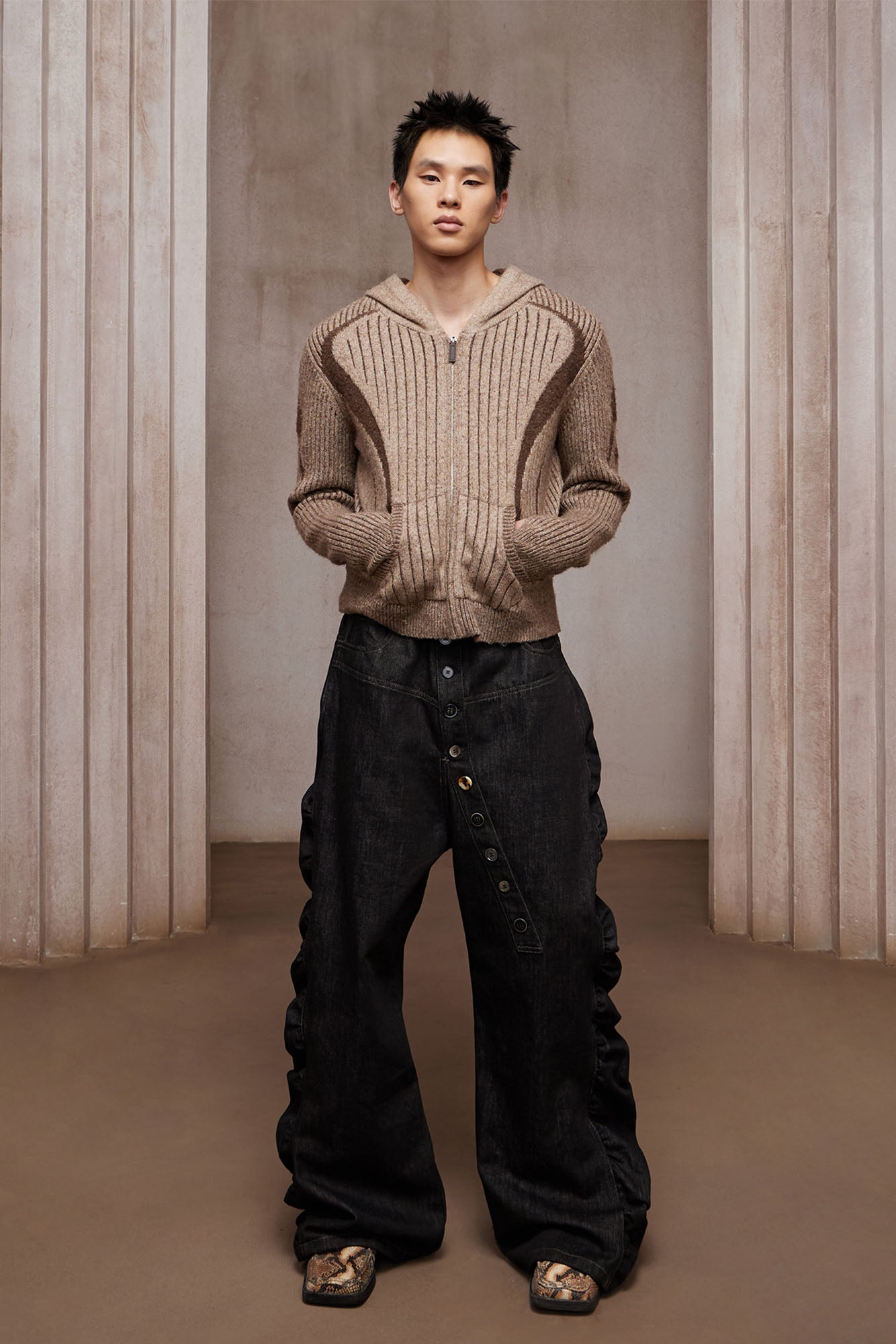 DND4DES Contrast Wool-Blend Hooded Zip Cardigan-Jacket-S-Gray (Preorder)-Free Shipping Leatheretro