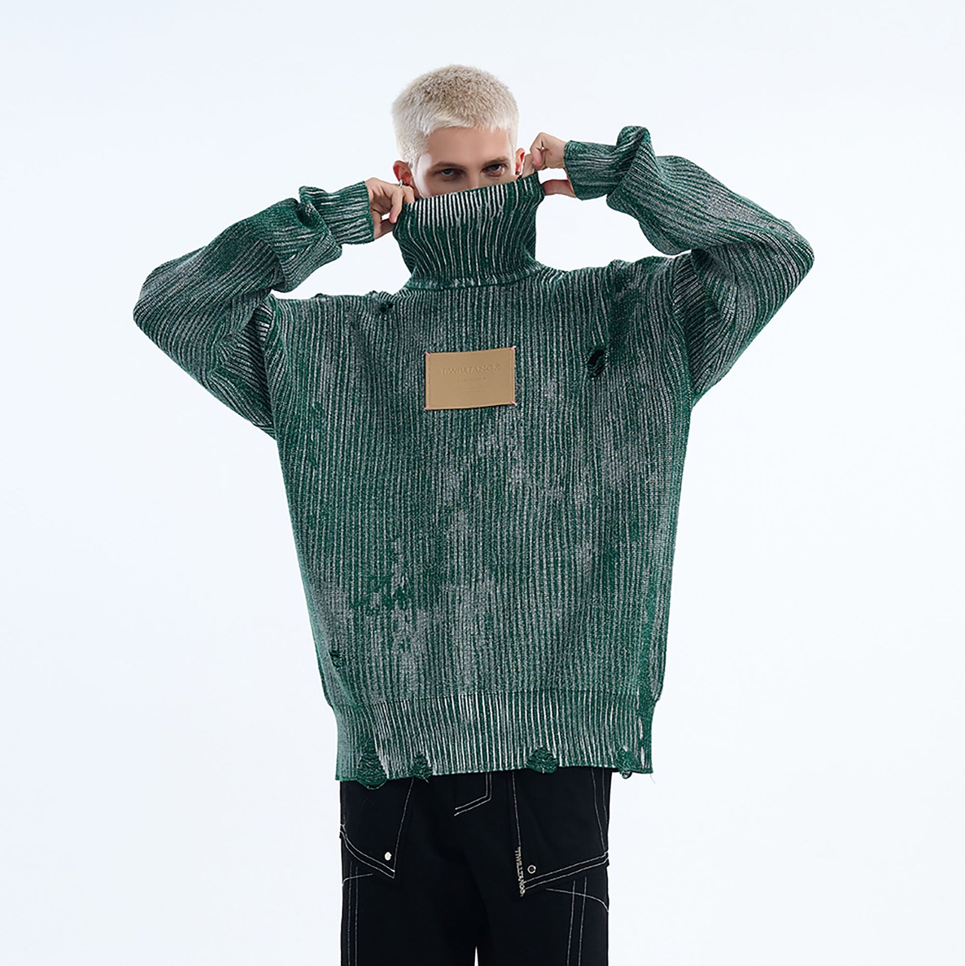 TIWILLTANG Distressed Foil High-Neck Sweater-Sweater-S-Dark Green-Free Shipping Leatheretro