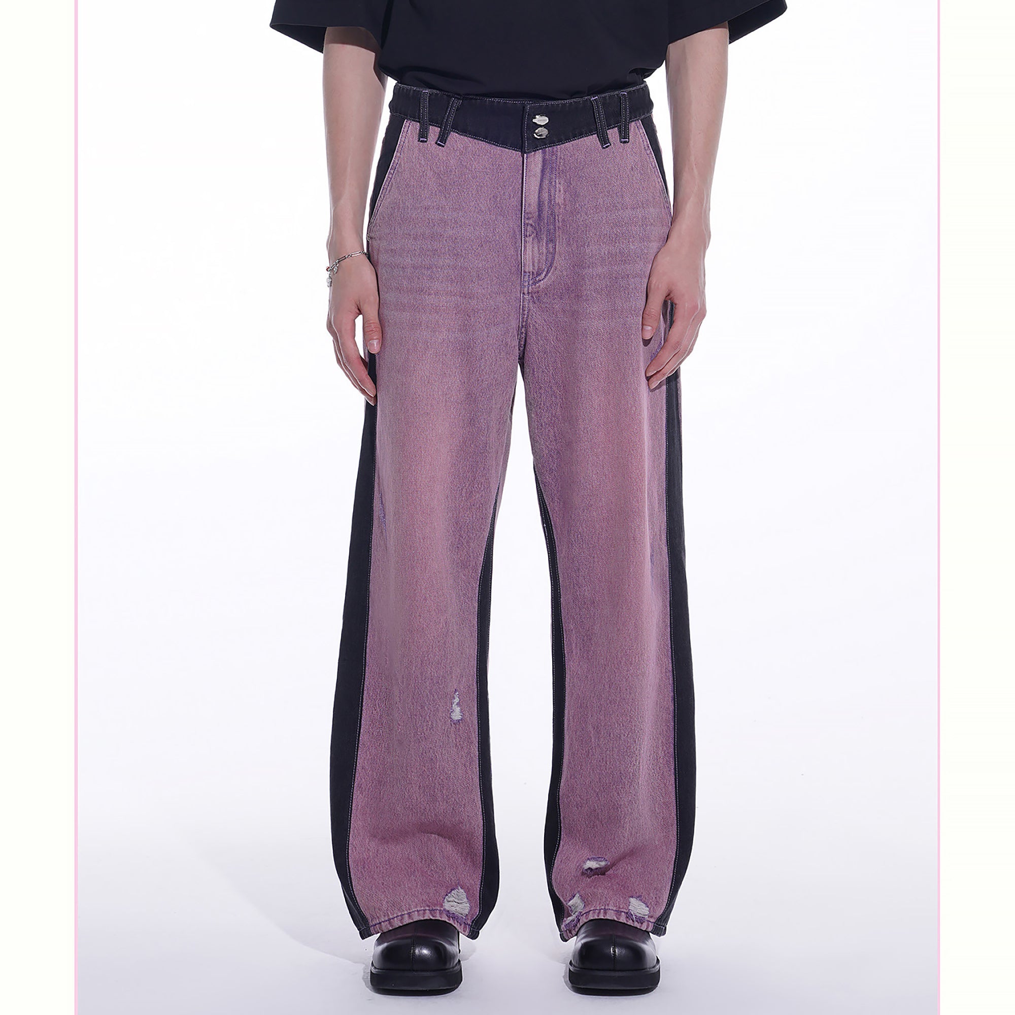 TIWILLTANG Distressed Contrast Paneled Wide-Leg Jeans-Jeans-S-Purple-Free Shipping Leatheretro