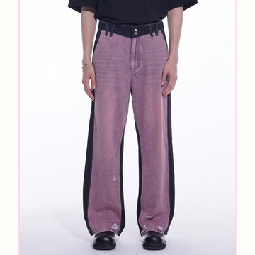 TIWILLTANG Distressed Contrast Paneled Wide-Leg Jeans-Jeans-S-Purple-Free Shipping Leatheretro