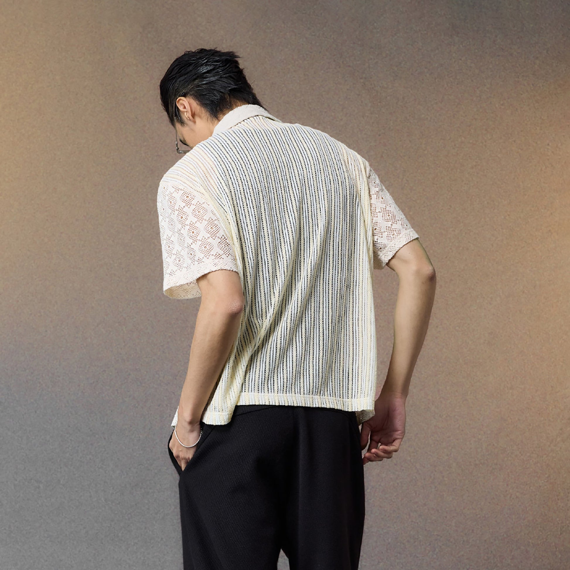 ALVNG AR ANTS Open-Knit Diamond Panel Short-Sleeve Shirt-Shirt-S-Black-Free Shipping Leatheretro