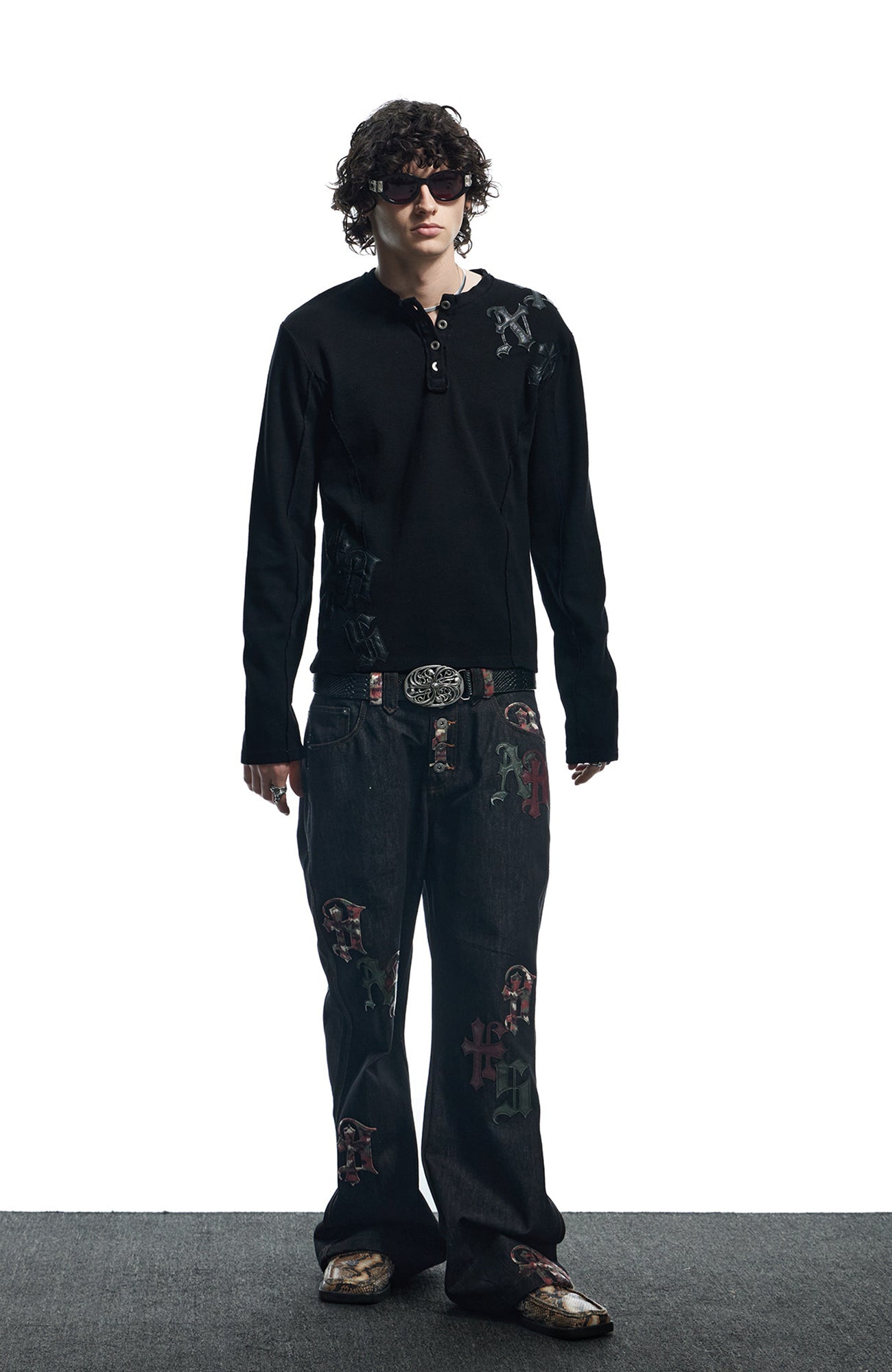 DND4DES Waffle-Knit Gothic Henley Long-Sleeve Tee-L/S Tee-S-Black-Free Shipping Leatheretro