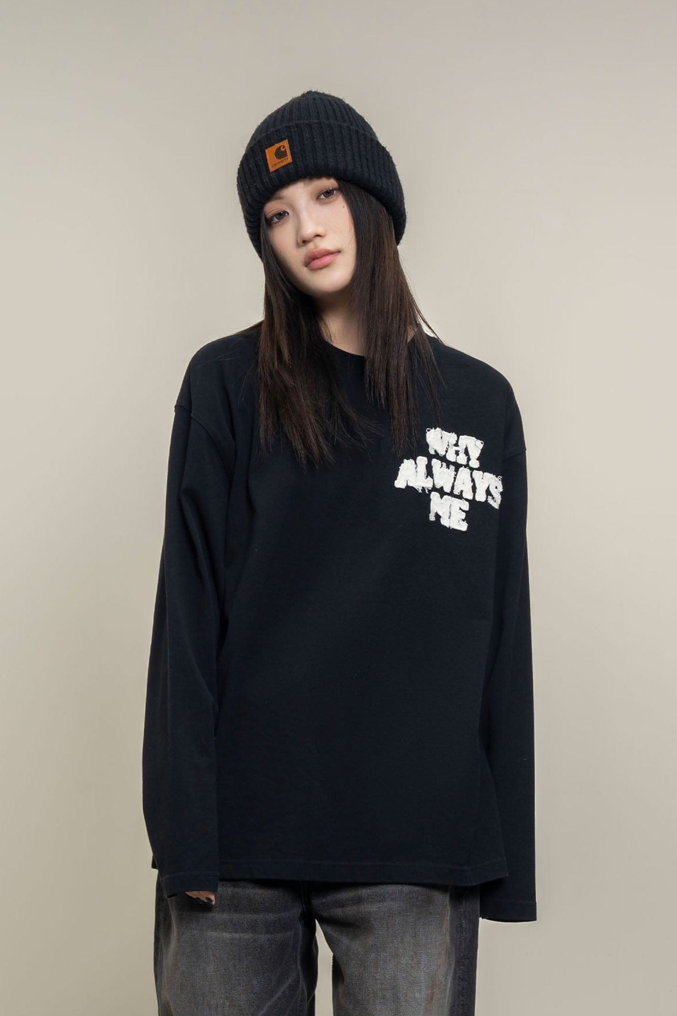 MAKEMORE Text Graphic Patch Long-Sleeve Tee-L/S Tee-S-Black-Free Shipping Leatheretro