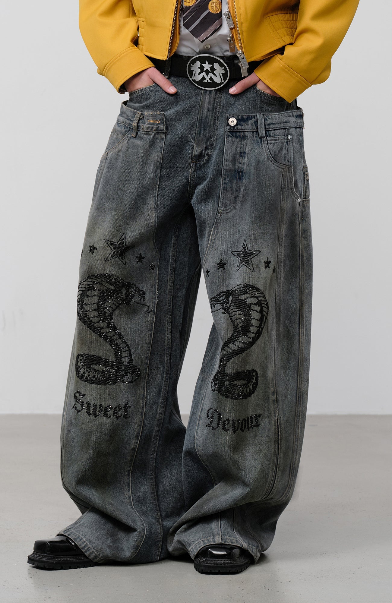 FACEONLAB Double Waistband Diamond Snake Graphic Jeans-Jeans-S (Preorder)-Free Shipping Leatheretro