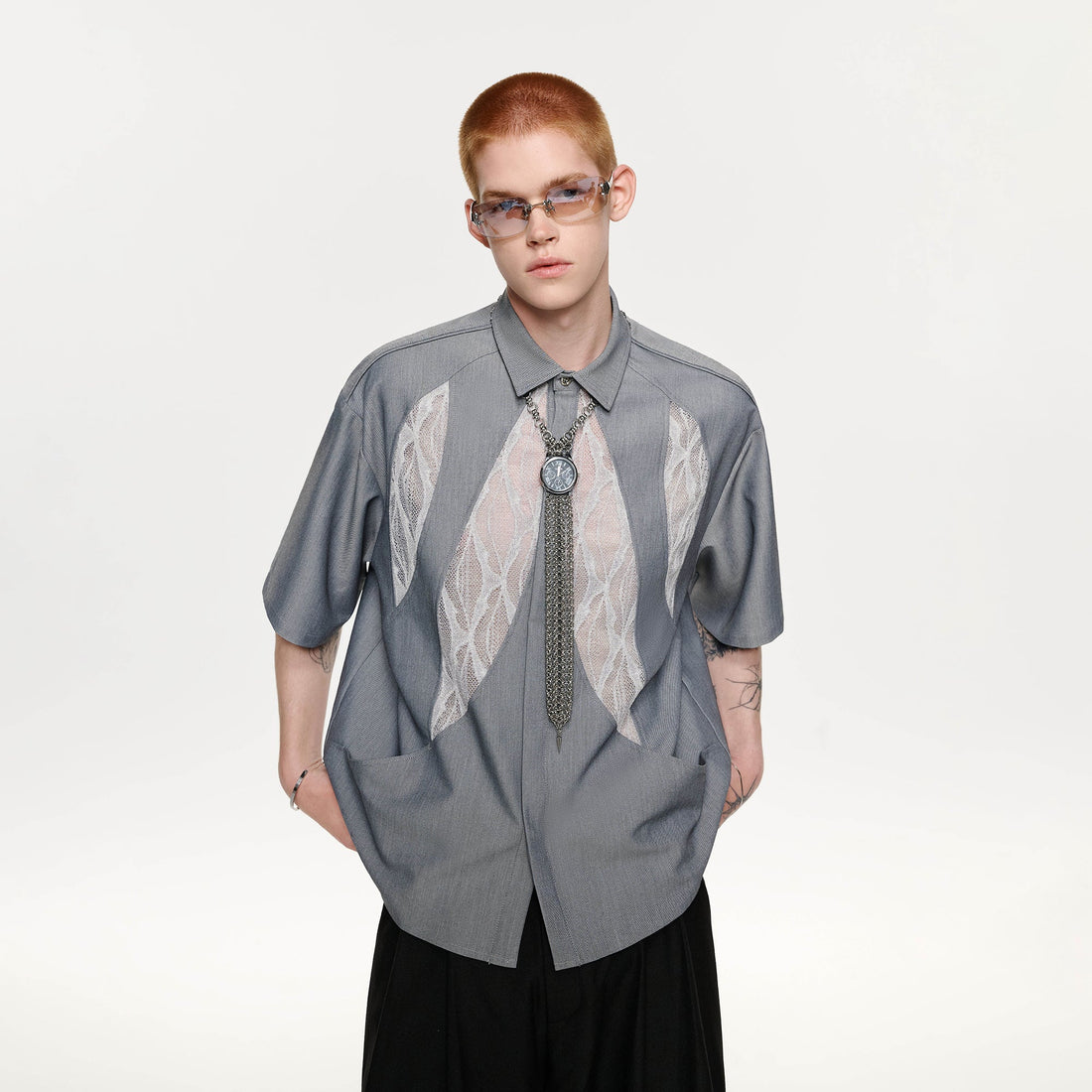 TIWILLTANG Leaf Lace Paneled Half Shirt-Half shirt-S-Free Shipping Leatheretro