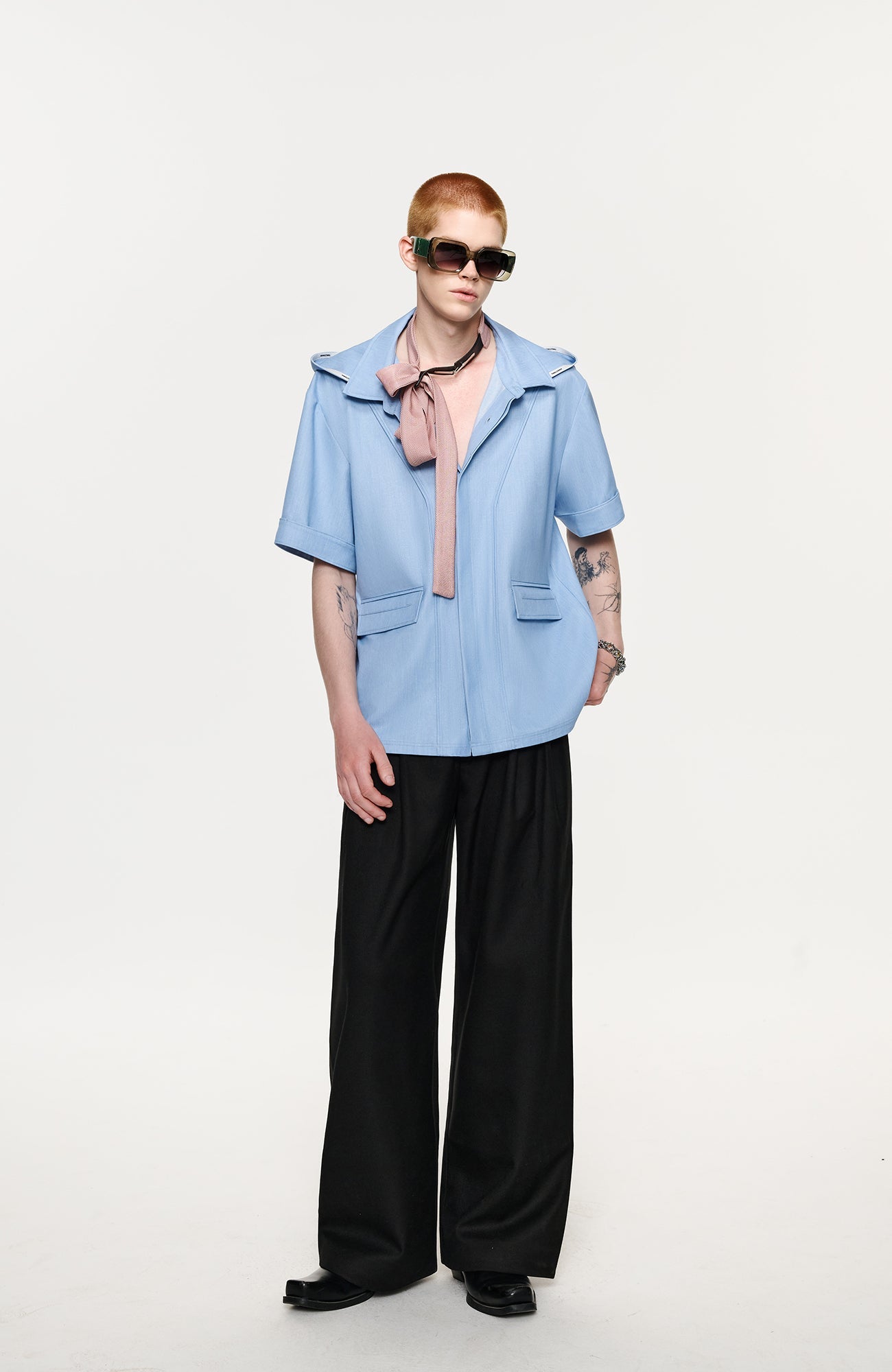 TIWILLTANG Hidden Placket Detachable Hood Half Shirt-Half shirt-S-Blue-Free Shipping Leatheretro