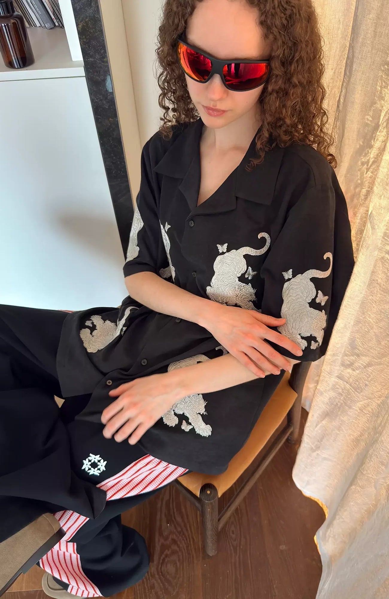 MIICHOUS Tiger Butterfly Satin Embroidered Half Shirt-Half shirt-S (Preorder)-Gray-Free Shipping Leatheretro